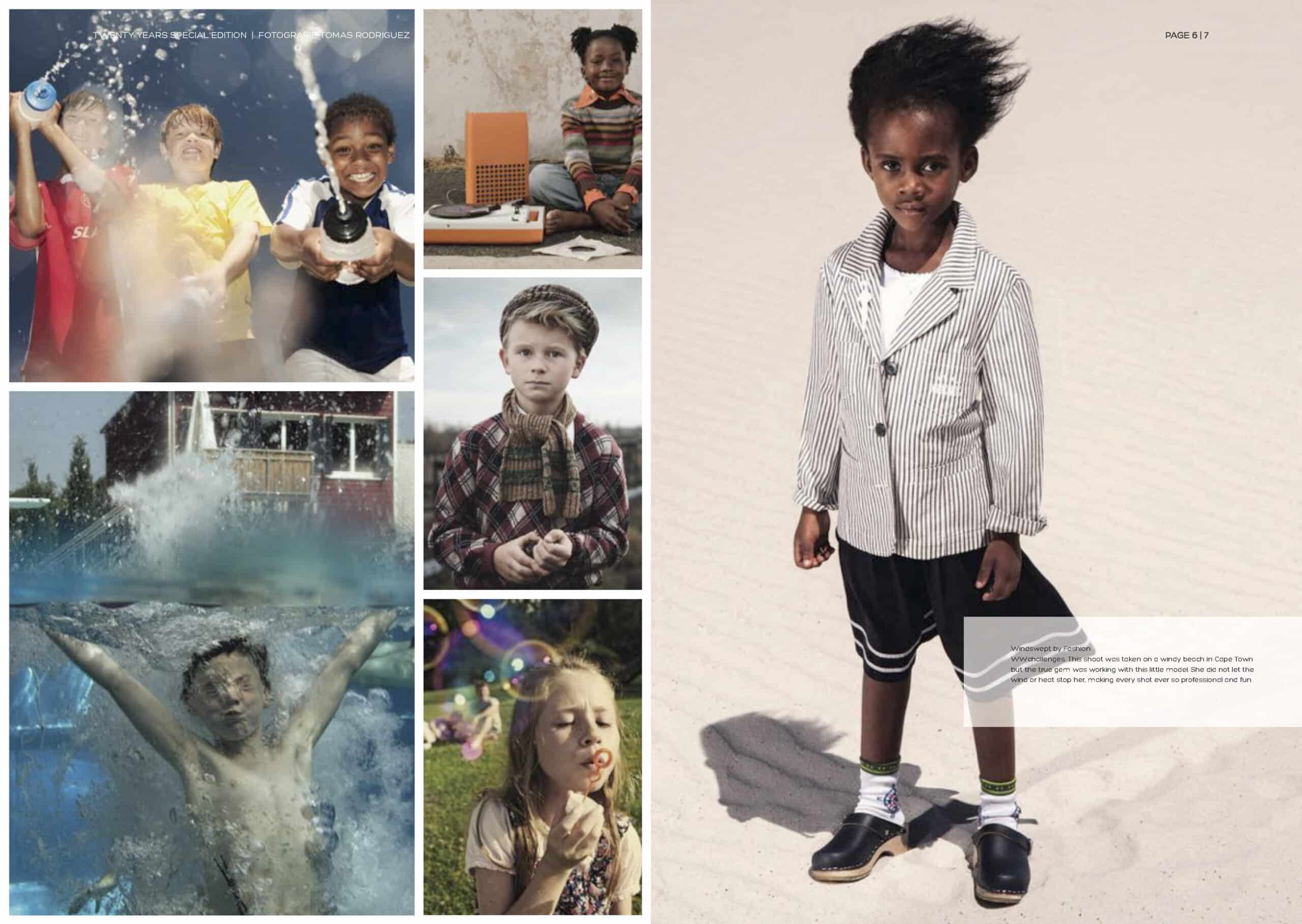 Eine Collage, die verschiedene Kinder bei unterschiedlichen Aktivitäten zeigt: beim Spielen mit Wasser in einem Klassenzimmer, beim Planschen in einem Pool, beim Tragen übergroßer Kleidung und beim Seifenblasenpusten. © Fotografie Tomas Rodriguez