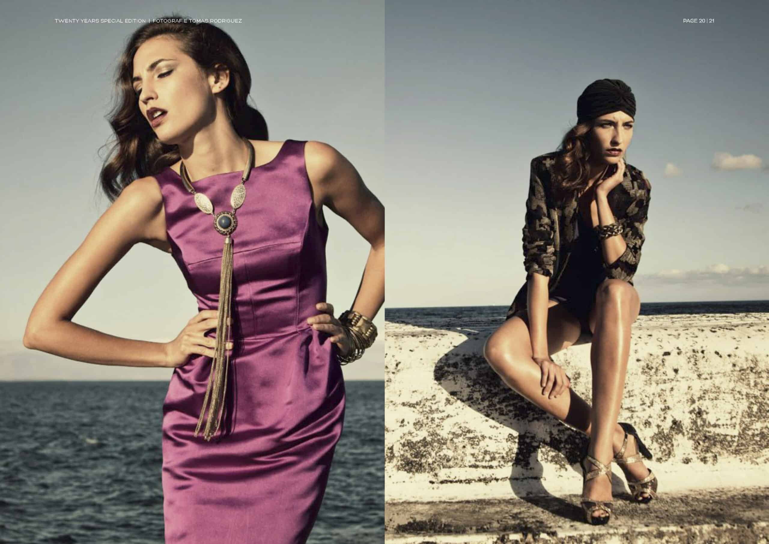 Eine Modestrecke mit zwei Bildern: Links posiert eine Frau in einem schlichten lila Kleid selbstbewusst vor einem unscharfen Hintergrund. Rechts sitzt eine weitere Frau in einem gemusterten Outfit nachdenklich auf einem Felsvorsprung am Meer. © Fotografie Tomas Rodriguez