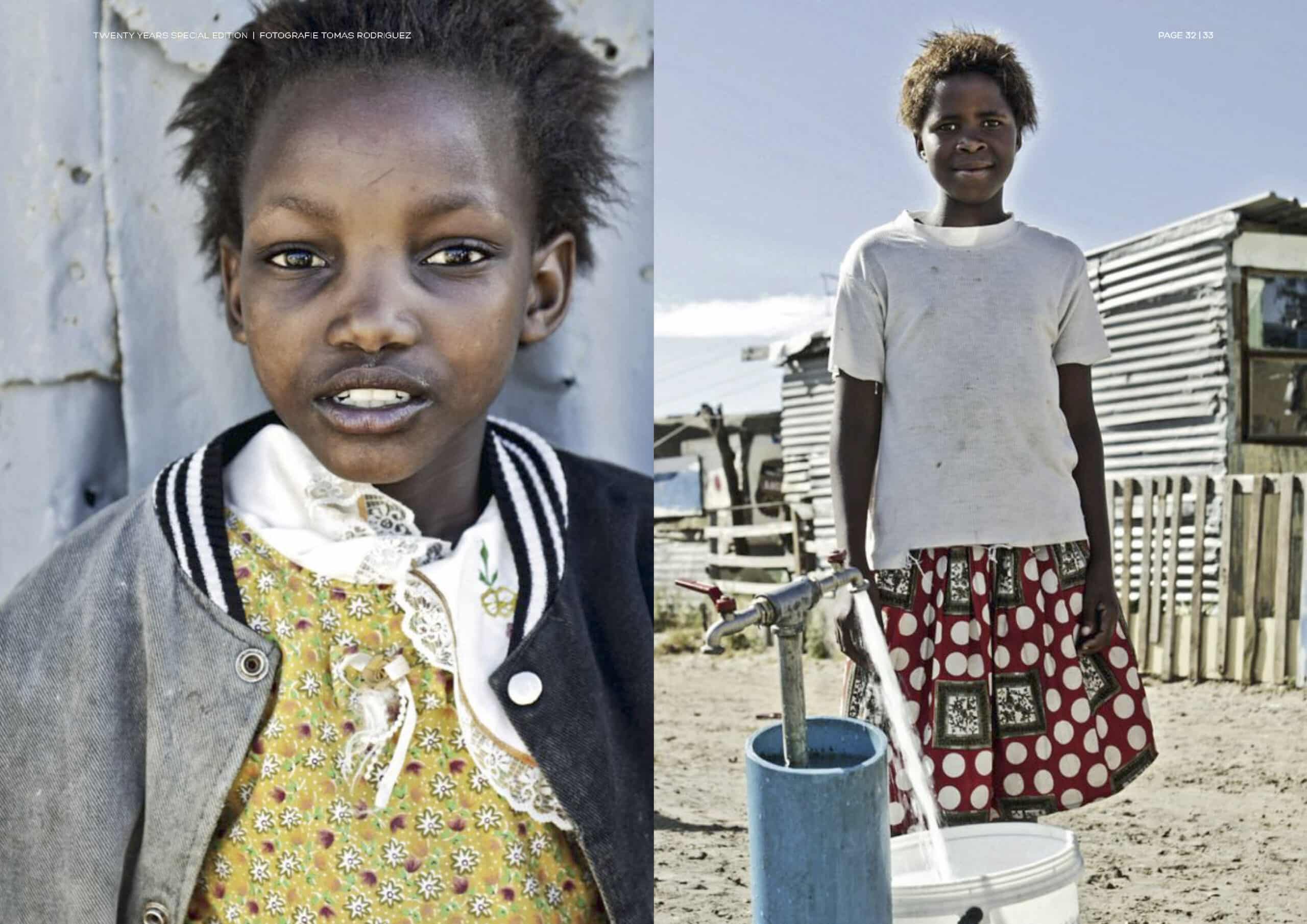 Ein geteiltes Bild: links eine Nahaufnahme eines jungen Mädchens mit heller Haut und markanten Gesichtszügen, rechts steht ein lächelnder schwarzer Junge in einer dörflichen Umgebung neben einer Wasserpumpe. Beide sind vor einer ländlichen Kulisse zu sehen. © Fotografie Tomas Rodriguez