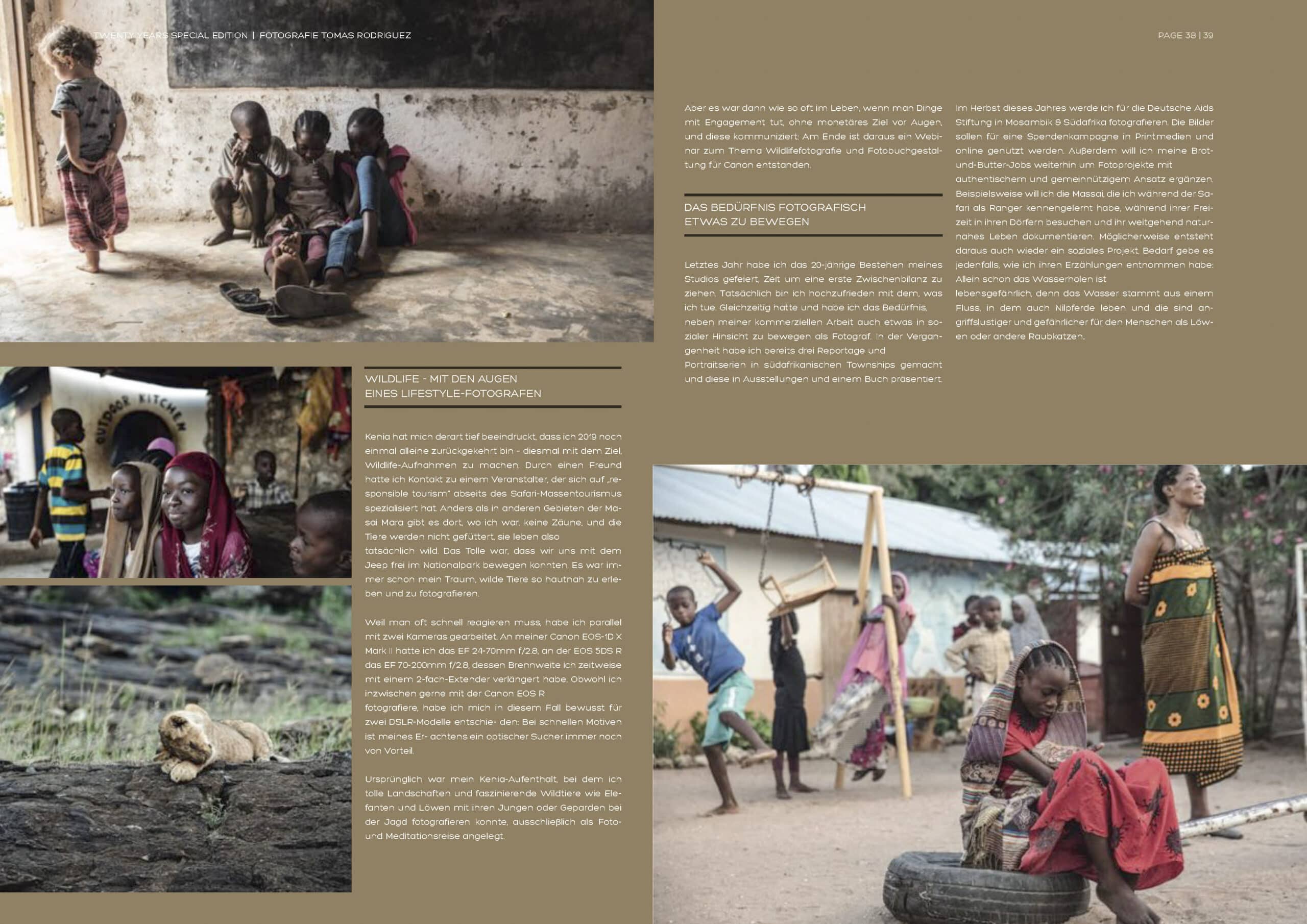 Eine Collage aus Bildern und Text, die das tägliche Leben in einem afrikanischen Dorf zeigt, darunter Szenen eines kleinen Jungen mit einem Reifen, Frauen in traditioneller Kleidung und verschiedene Interaktionen in der Gemeinschaft. © Fotografie Tomas Rodriguez
