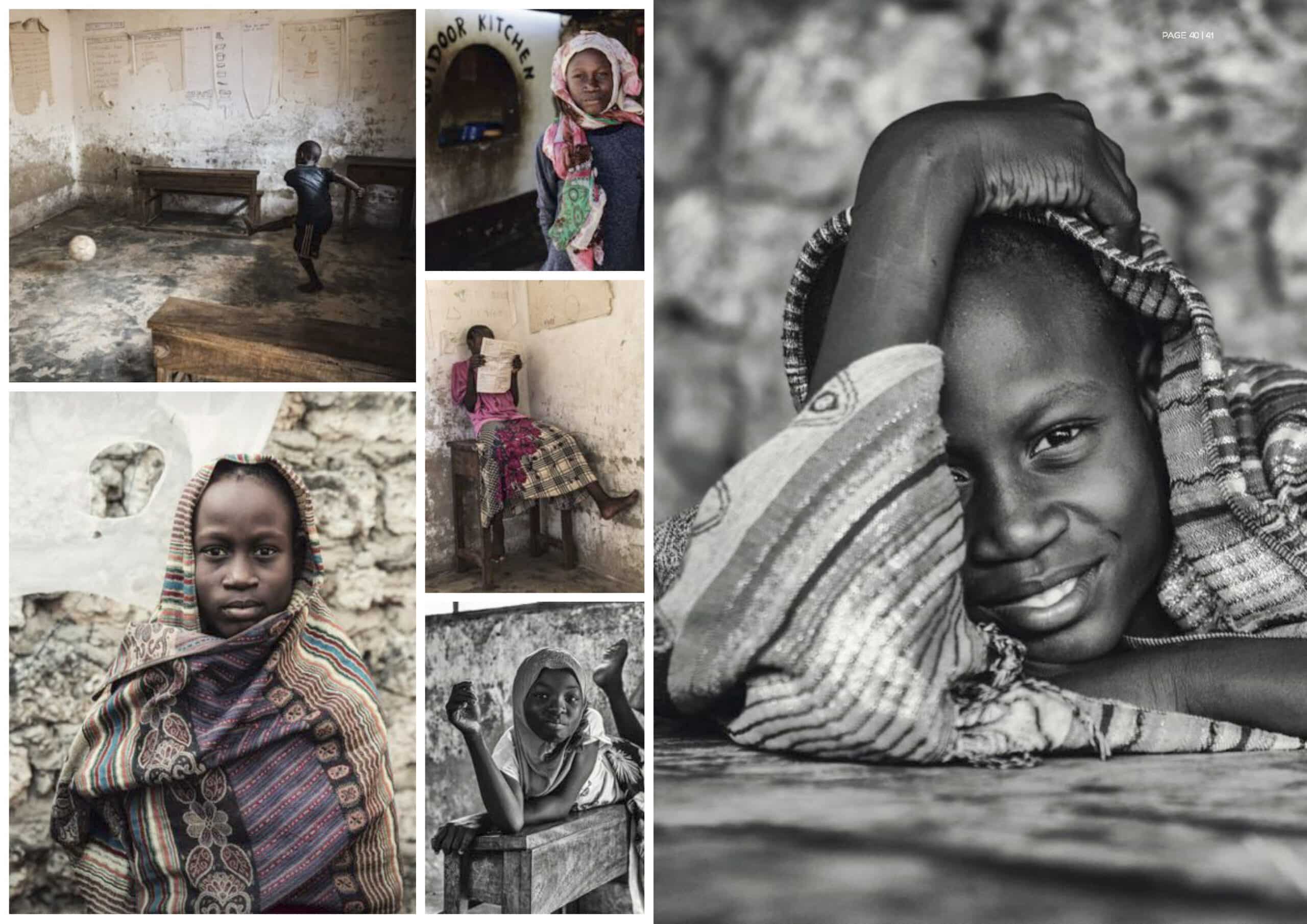 Collage aus sechs Schwarzweißfotos, die verschiedene Kinder in unterschiedlichen Situationen zeigen, darunter Klassenzimmerszenen, ein Porträt mit einem bunten Schal und ein Mädchen in einem Türeingang. © Fotografie Tomas Rodriguez