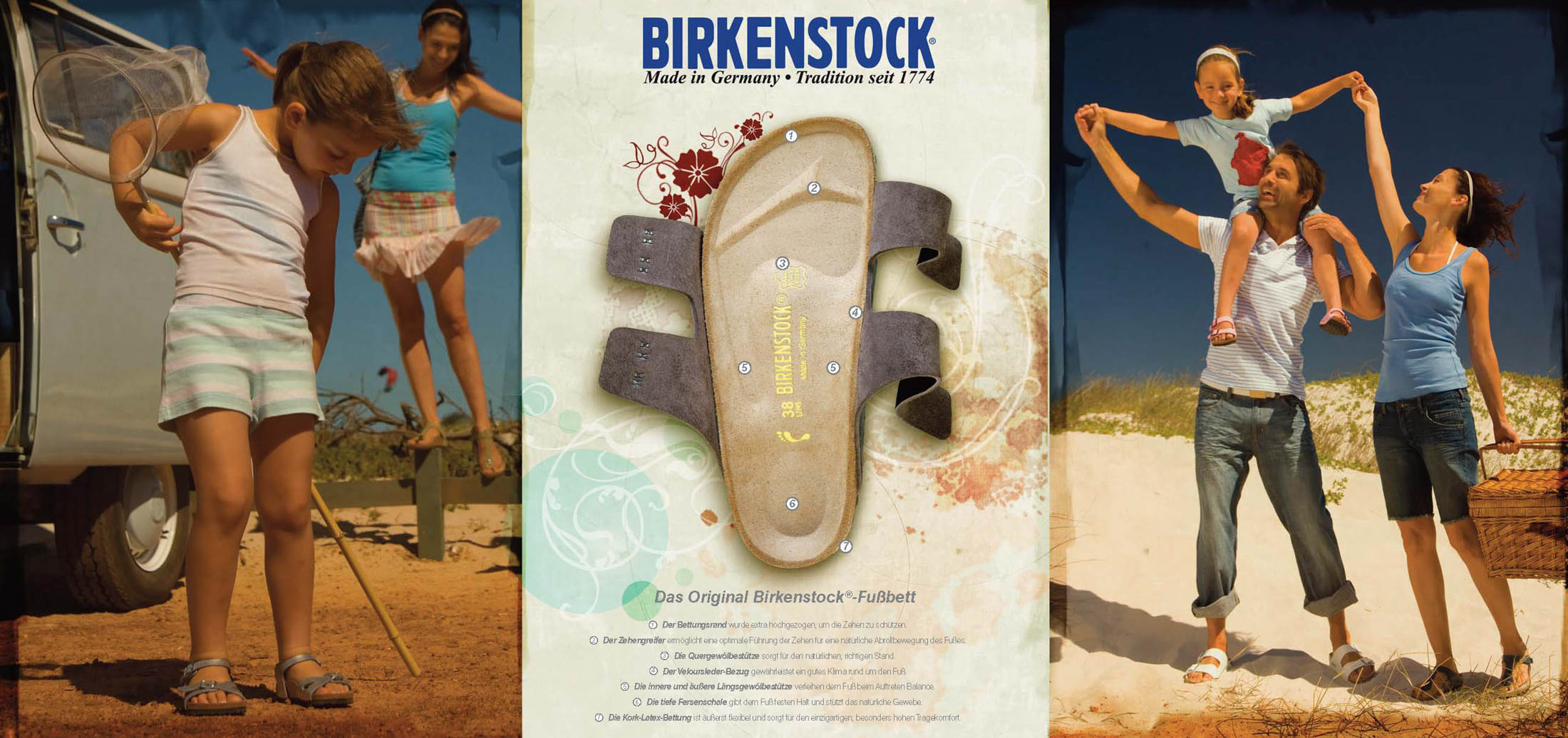 Eine Birkenstock-Werbung, die eine glückliche Familie am Strand zeigt, mit zwei Eltern, die spielerisch ein Kind hochheben. Links ein Auto und ein weiteres Kind und in der Mitte eine große Nahaufnahme einer Sandale. © Fotografie Tomas Rodriguez