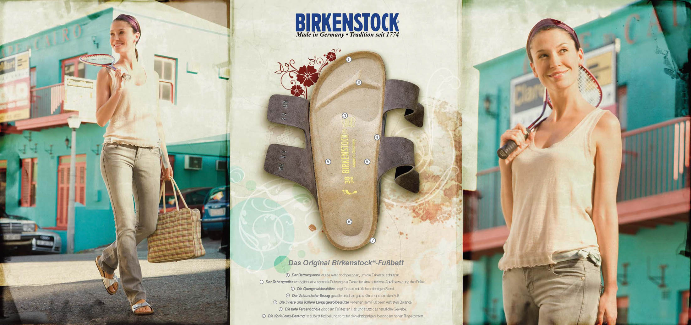 Werbung für Birkenstock-Sandalen mit einer lächelnden Frau, die durch eine städtische Umgebung geht und Bücher trägt. In der Mitte ist eine Sandale abgebildet. Der Text beschreibt die Eigenschaften der Sandale auf Deutsch. © Fotografie Tomas Rodriguez
