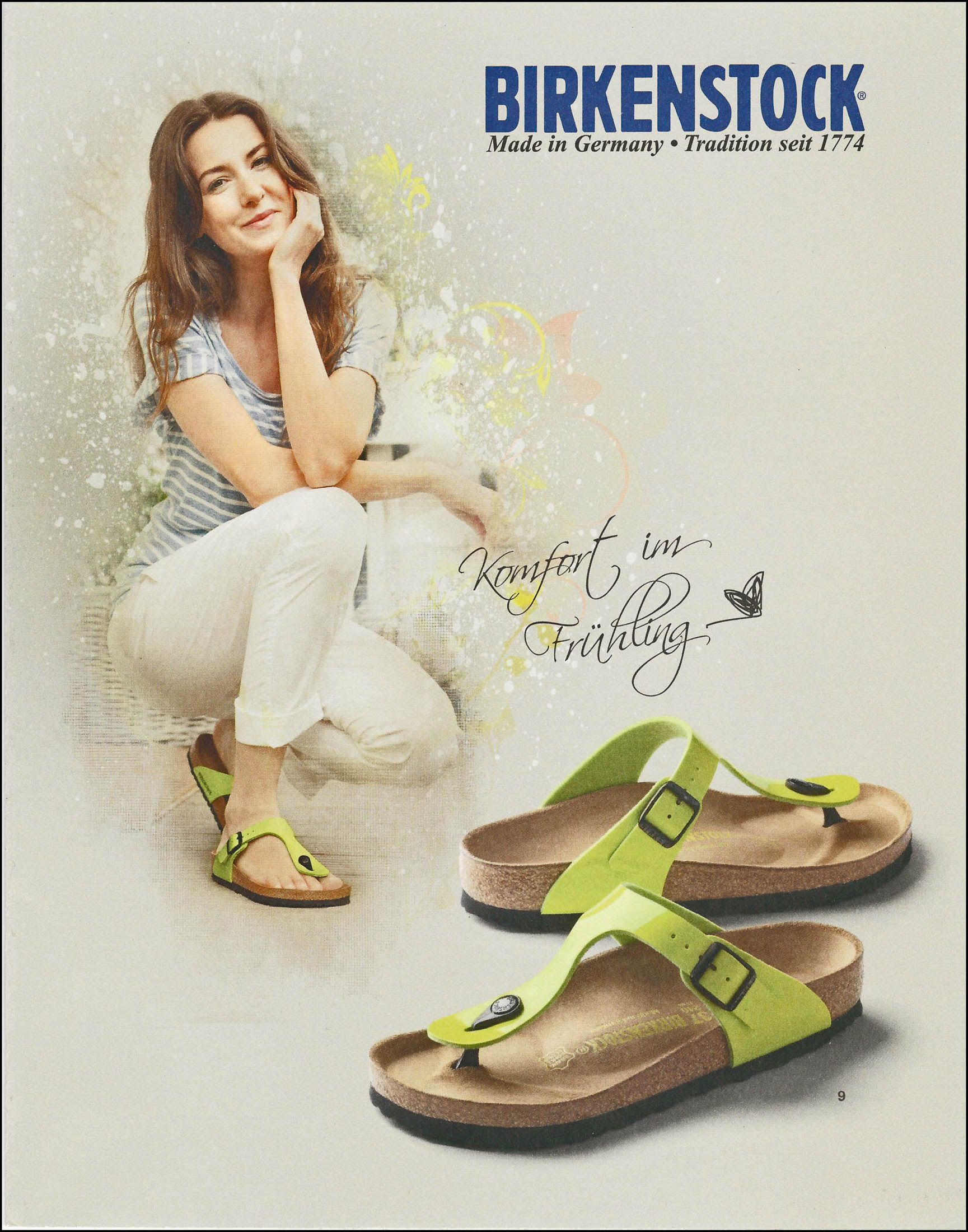 Eine Anzeige mit einer lächelnden Frau in grünen Birkenstock-Sandalen. Neben ihr sind Bilder derselben Sandalen mit dem Slogan „Made in Germany“. Der Text lautet „Komfort im Frühling“. © Fotografie Tomas Rodriguez