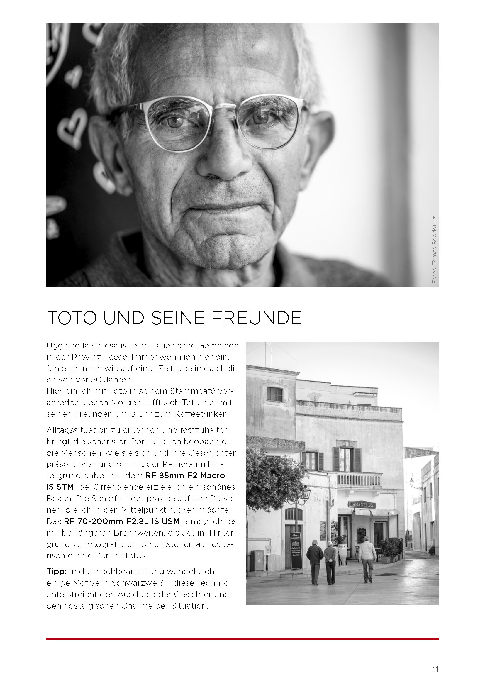 Schwarz-Weiß-Porträt eines älteren Mannes mit Brille und konzentriertem und nachdenklichem Gesichtsausdruck, begleitet von einem deutschen Text über „Toto und seine Freunde“. © Fotografie Tomas Rodriguez