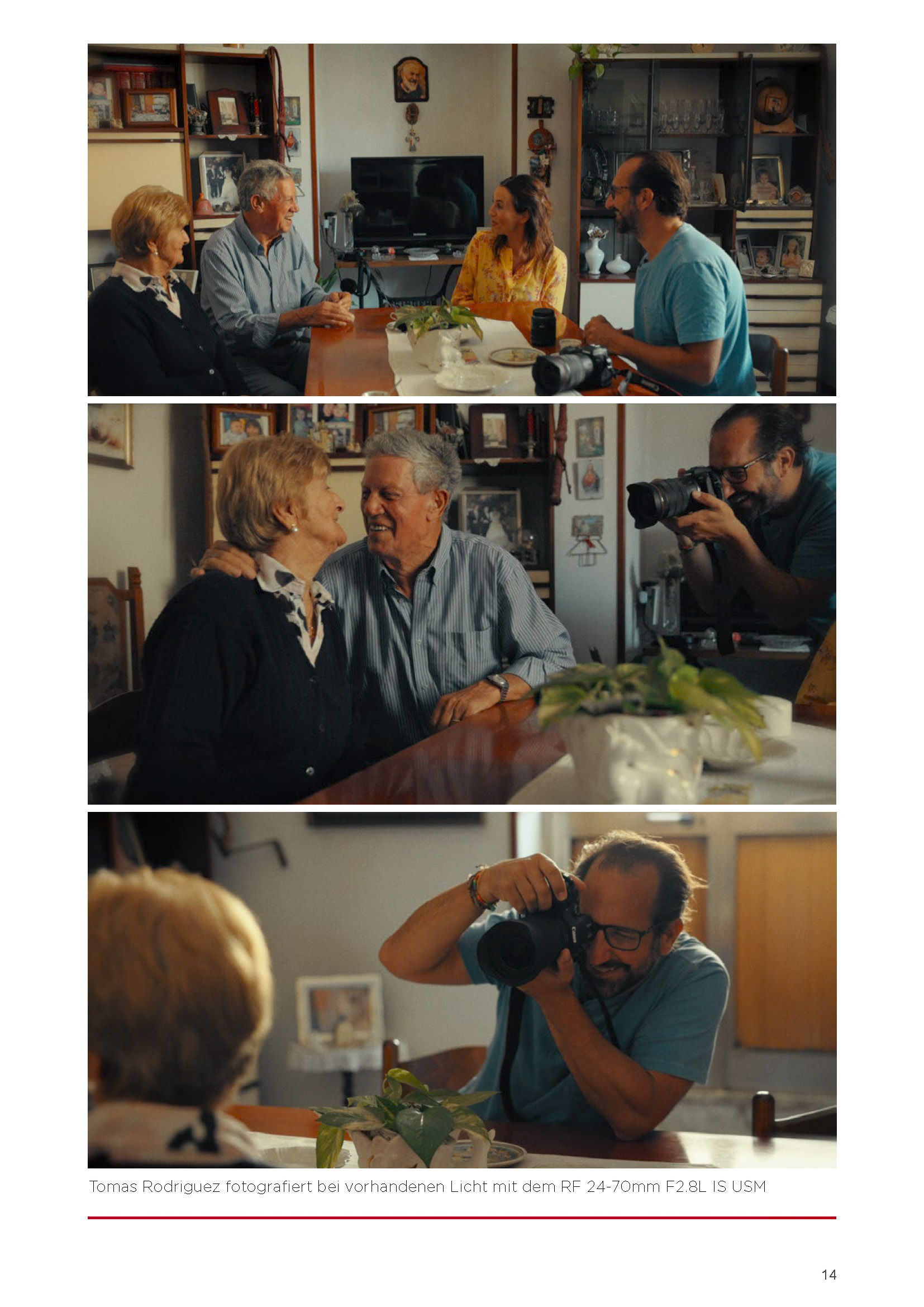 Drei aufeinanderfolgende Fotos des Fotografen Tomas Rodriguez, der mit einem 24–70 mm f2.8l IS USM-Objektiv in einer warm beleuchteten Umgebung Momente mit älteren Paaren in Innenräumen festhält. © Fotografie Tomas Rodriguez