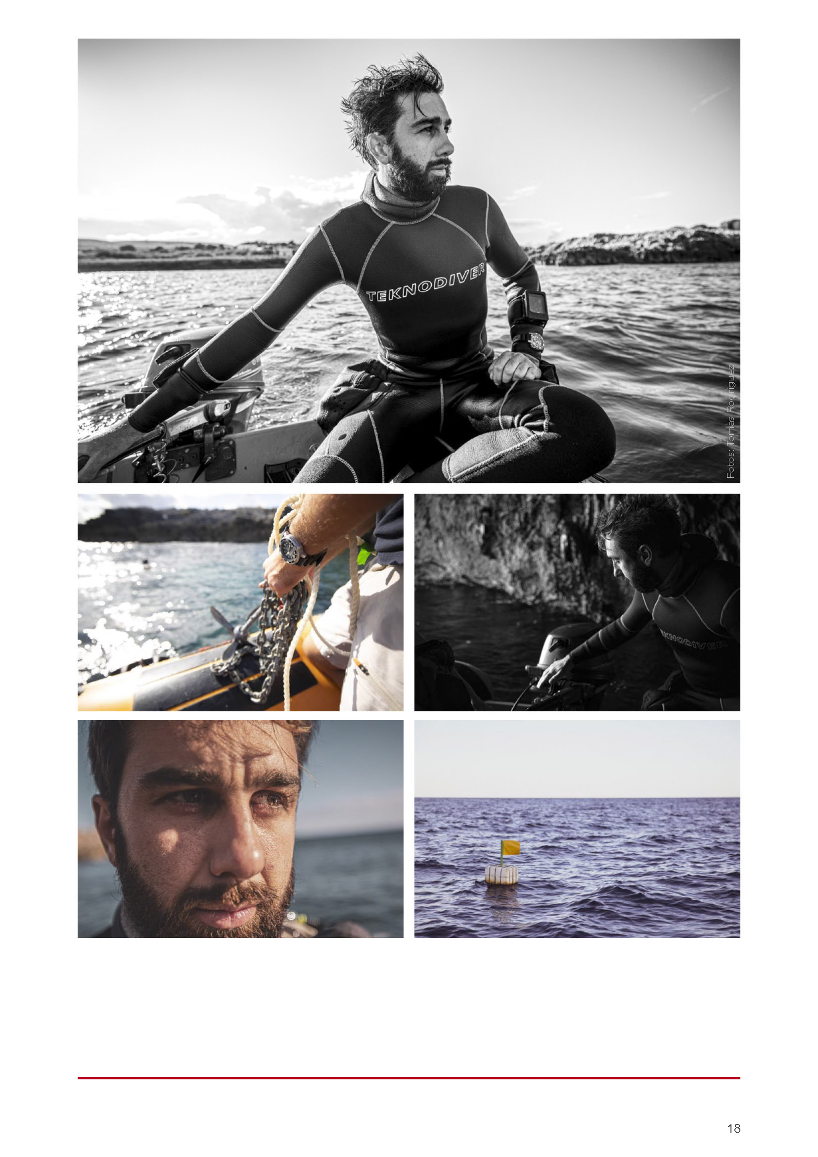 Eine Collage aus vier Schwarzweißfotos, die einen Mann in verschiedenen Outdoor-Szenen zeigen, darunter Kajakfahren, Unterwassertauchen und Nahaufnahmen sowohl im als auch außerhalb des Wassers. © Fotografie Tomas Rodriguez