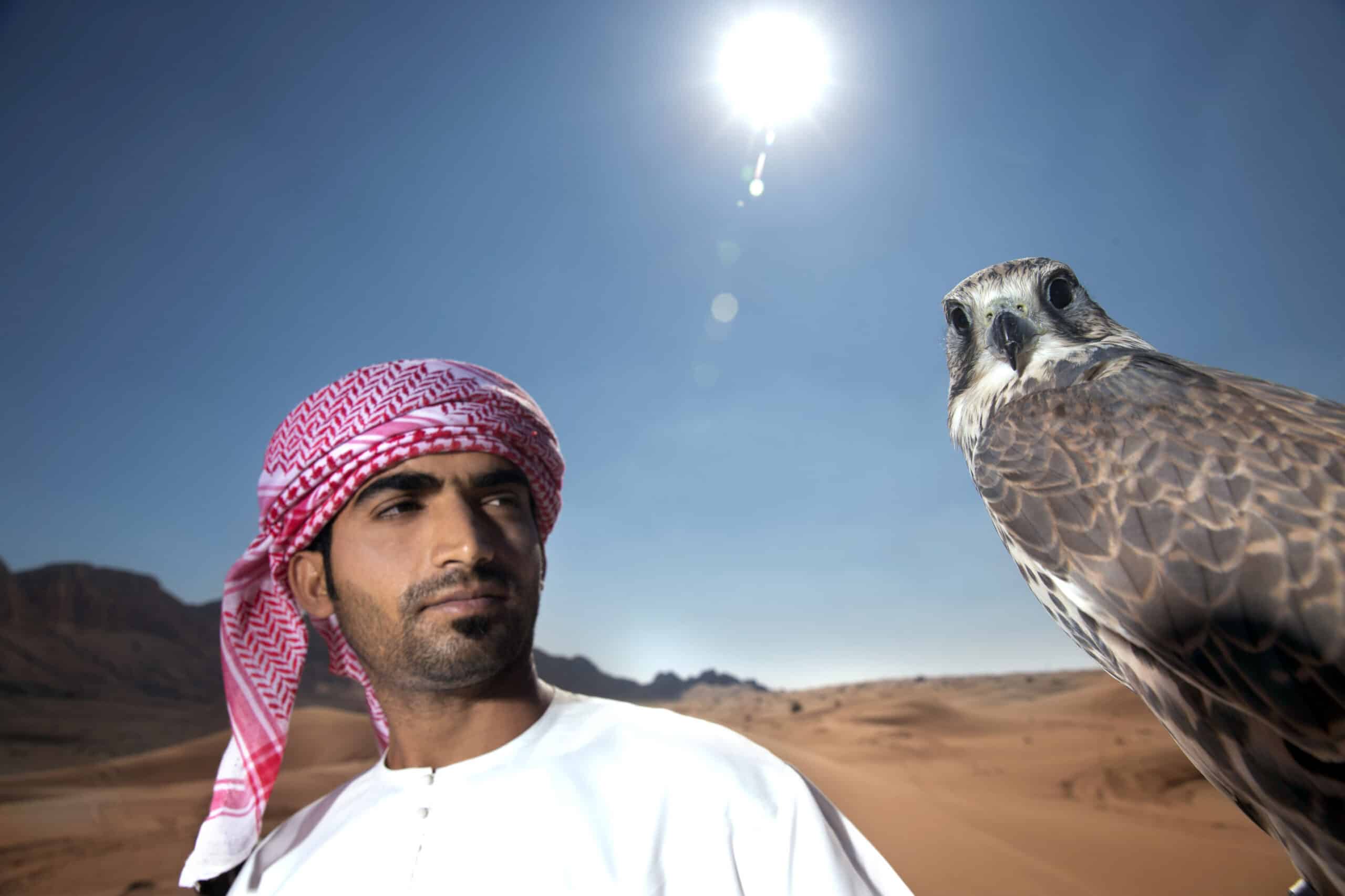Ein Mann in traditioneller emiratischer Kleidung steht in einer Wüste, blickt in die Ferne und hat einen Falken auf der Hand, während die Sonne hell strahlt. © Fotografie Tomas Rodriguez
