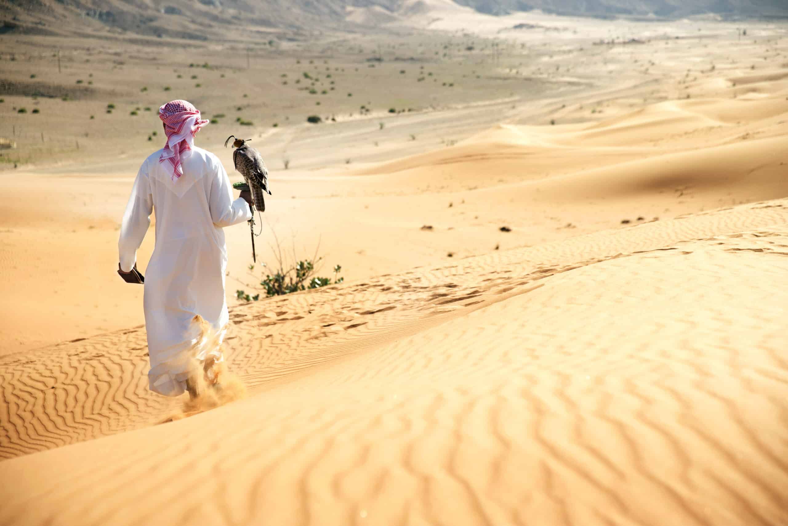 Ein Mann in traditioneller weiß-roter Kleidung geht mit einem Falken auf dem Arm durch eine Wüstenlandschaft, im Hintergrund sanfte Sanddünen und ein klarer Himmel. © Fotografie Tomas Rodriguez