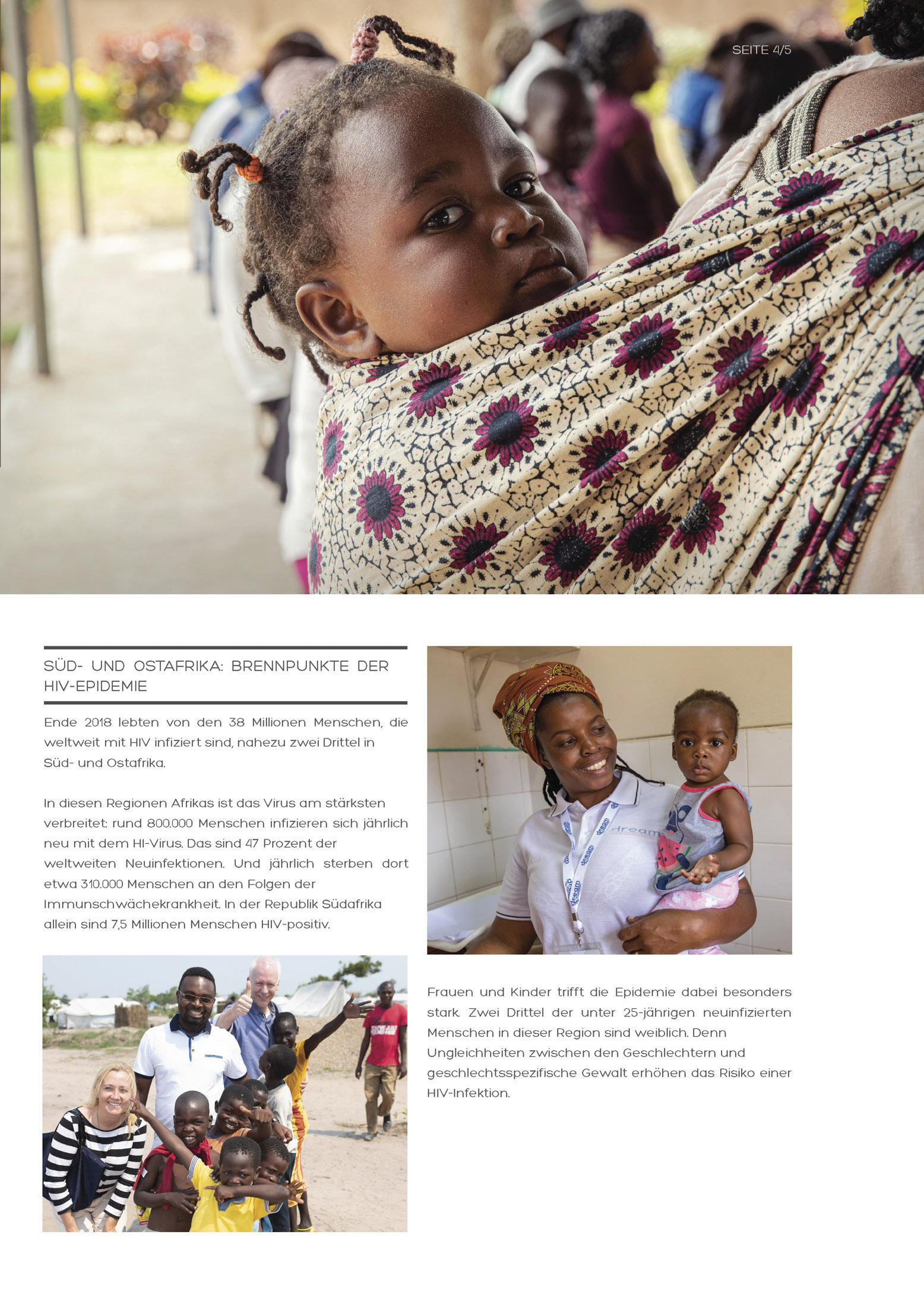 Eine Collage aus drei Bildern: Ein kleines afrikanisches Kind wird von einer Frau in den Armen gehalten und blickt zurück, eine Frau steht neben einem Bereich, in dem Essen serviert wird, und eine Krankenschwester hält in einem Krankenhaus ein Baby im Arm. © Fotografie Tomas Rodriguez