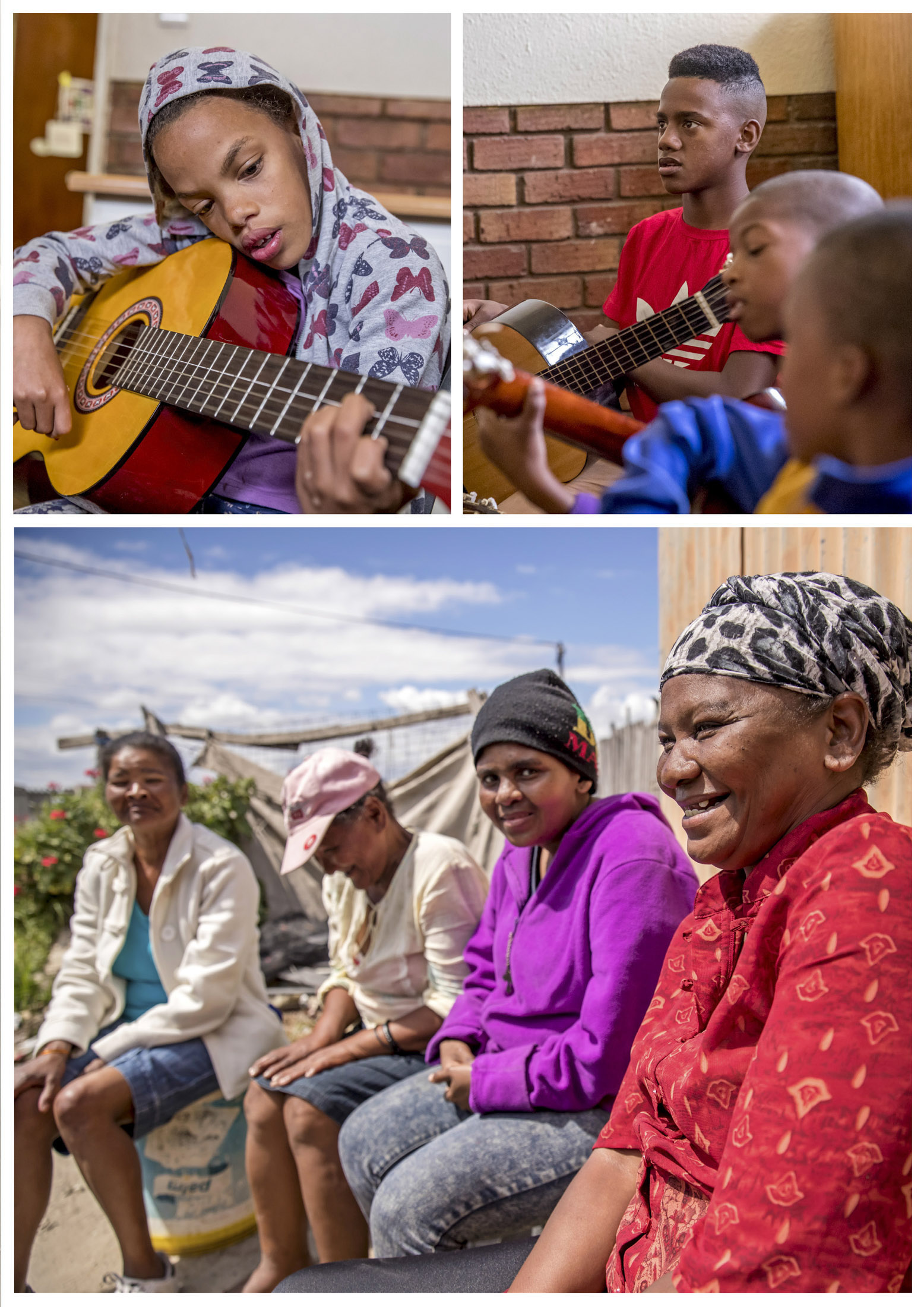 Eine Collage aus zwei Bildern: Oben ist eine Frau mit Kapuze zu sehen, die Gitarre spielt, im Hintergrund spielen zwei Jungen Gitarre. Unten sind vier Frauen zu sehen, die im Freien sitzen, lächeln und sich unterhalten. © Fotografie Tomas Rodriguez
