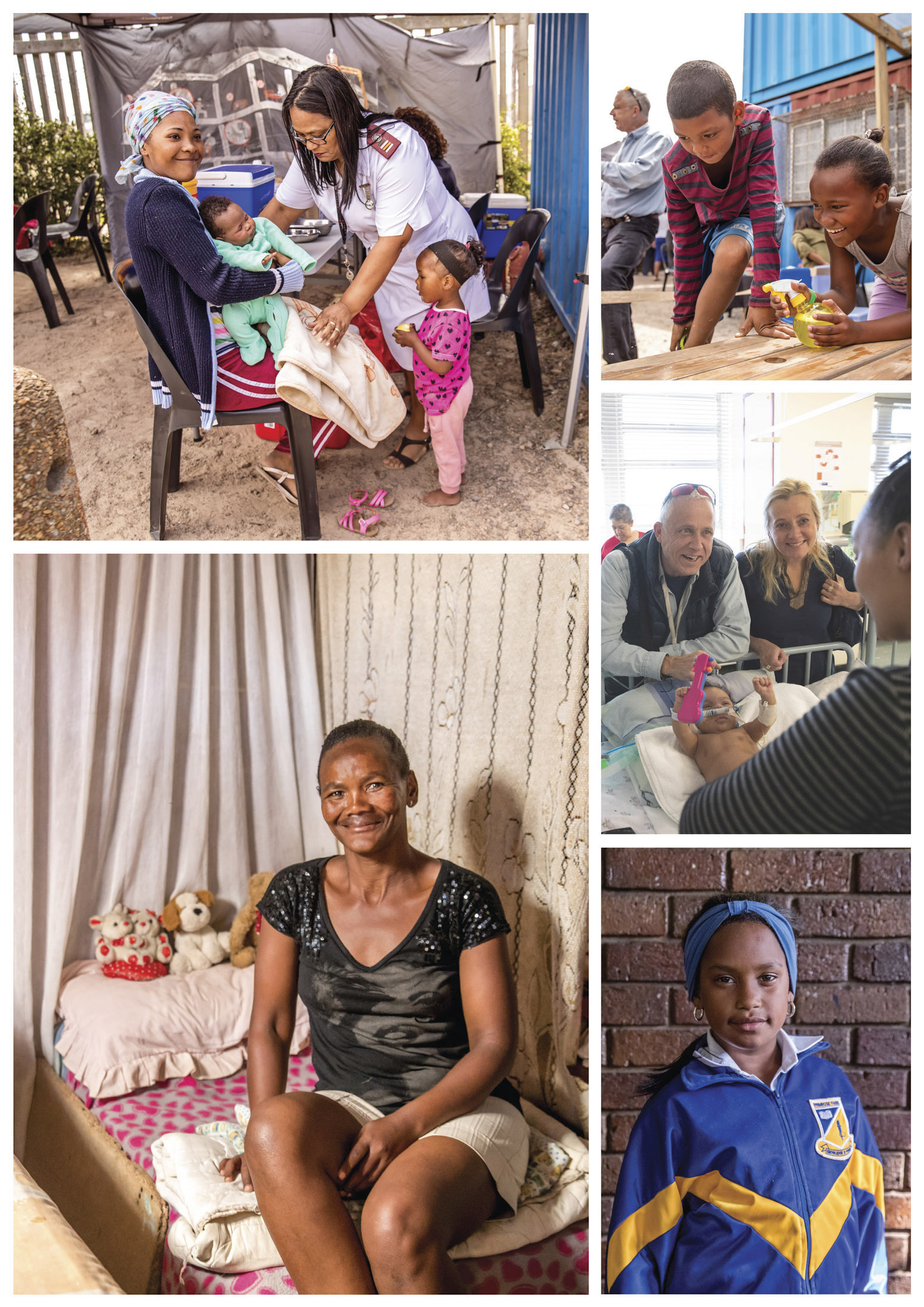 Diese Collage zeigt verschiedene Szenen aus der Gemeindehilfe und dem täglichen Leben: eine Krankenschwester, die im Freien ein Kind behandelt, Kinder, die mit Spielzeug spielen, ein älterer Mann und eine ältere Frau, die sich unterhalten, eine Frau, die im Haus auf einer Schaukel sitzt, und ein Junge in einer Sportjacke. © Fotografie Tomas Rodriguez