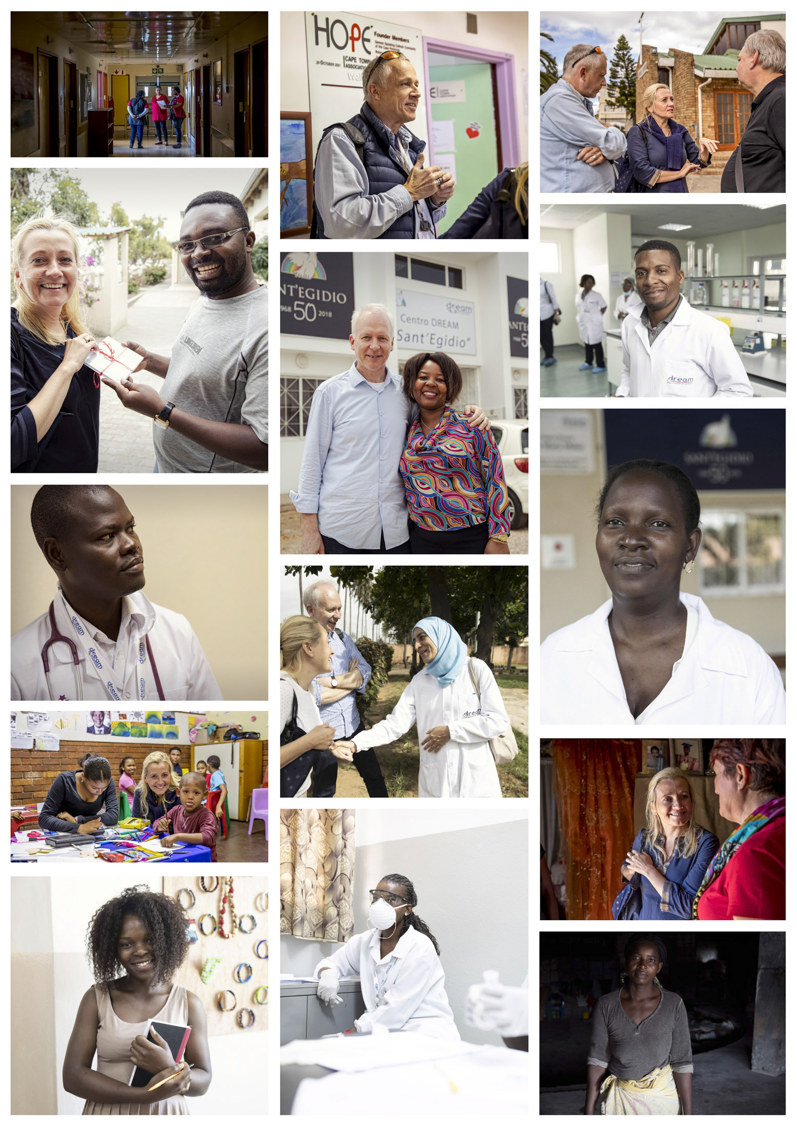 Eine Collage aus unterschiedlichen Bildern, die Mitarbeiter des Gesundheitswesens in verschiedenen Situationen im Umgang mit Patienten und Kollegen zeigen und persönliche Verbindungen und die Fürsorge im medizinischen Umfeld hervorheben. © Fotografie Tomas Rodriguez