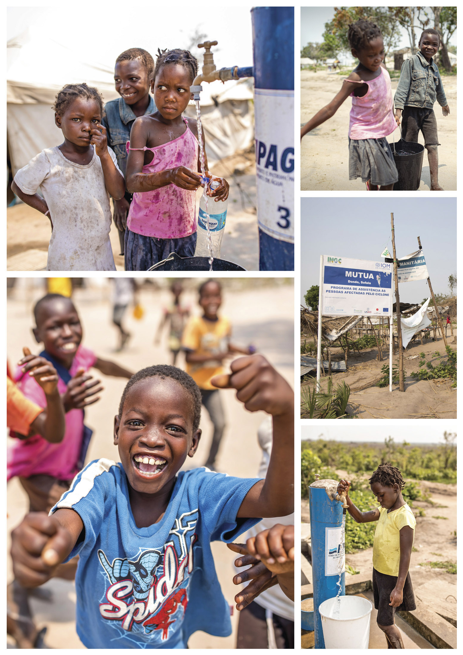 Eine Collage aus sechs Bildern, die Kinder in einer dörflichen Umgebung zeigen, wie sie mit Wasserpumpen interagieren und spielen, und die Momente der Freude und Aktivitäten des alltäglichen Lebens darstellen. © Fotografie Tomas Rodriguez