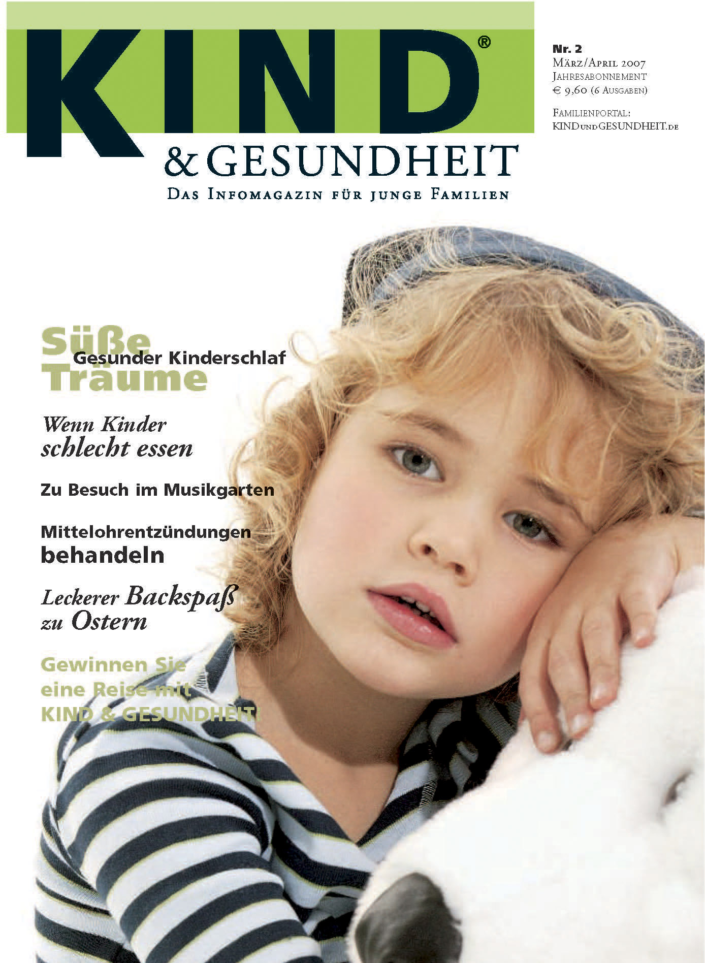 Titelbild der Zeitschrift „kinder & gesundheit“: Ein kleines Kind mit blondem Lockenhaar hält eine weiße Decke umklammert und blickt nachdenklich in die Kamera. Im Text werden Gesundheitsthemen und Familienratschläge behandelt. © Fotografie Tomas Rodriguez