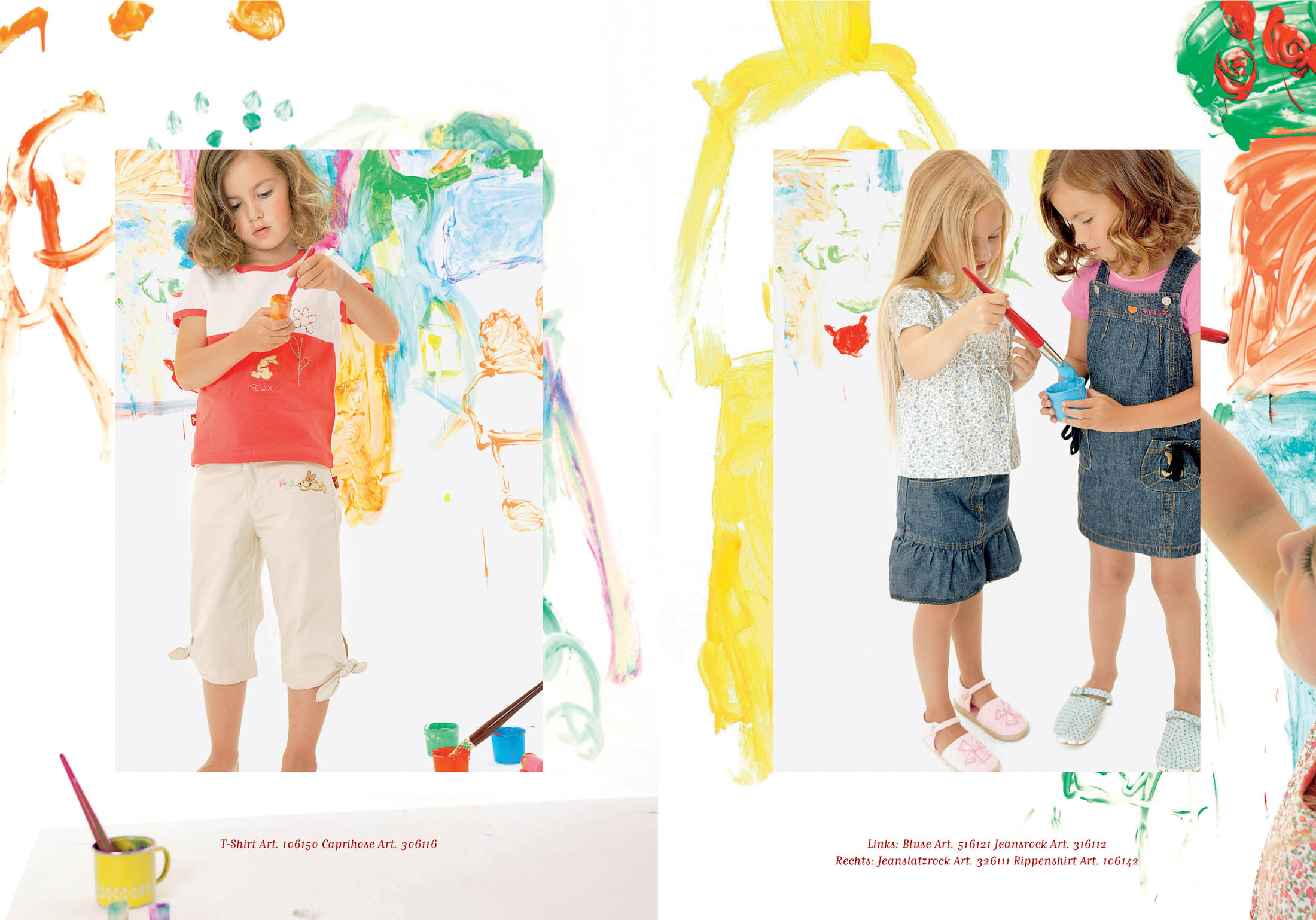 Zwei Bilder von kleinen Kindern, die sich künstlerisch betätigen. Links ist ein Mädchen in einem roten Shirt zu sehen, das sich darauf konzentriert, Farbe herauszudrücken. Rechts sind zwei Mädchen zu sehen, die inmitten eines farbenfrohen Kunstwerks ein Smartphone inspizieren. Beide Szenen sind von bunten Pinselstrichen eingerahmt. © Fotografie Tomas Rodriguez