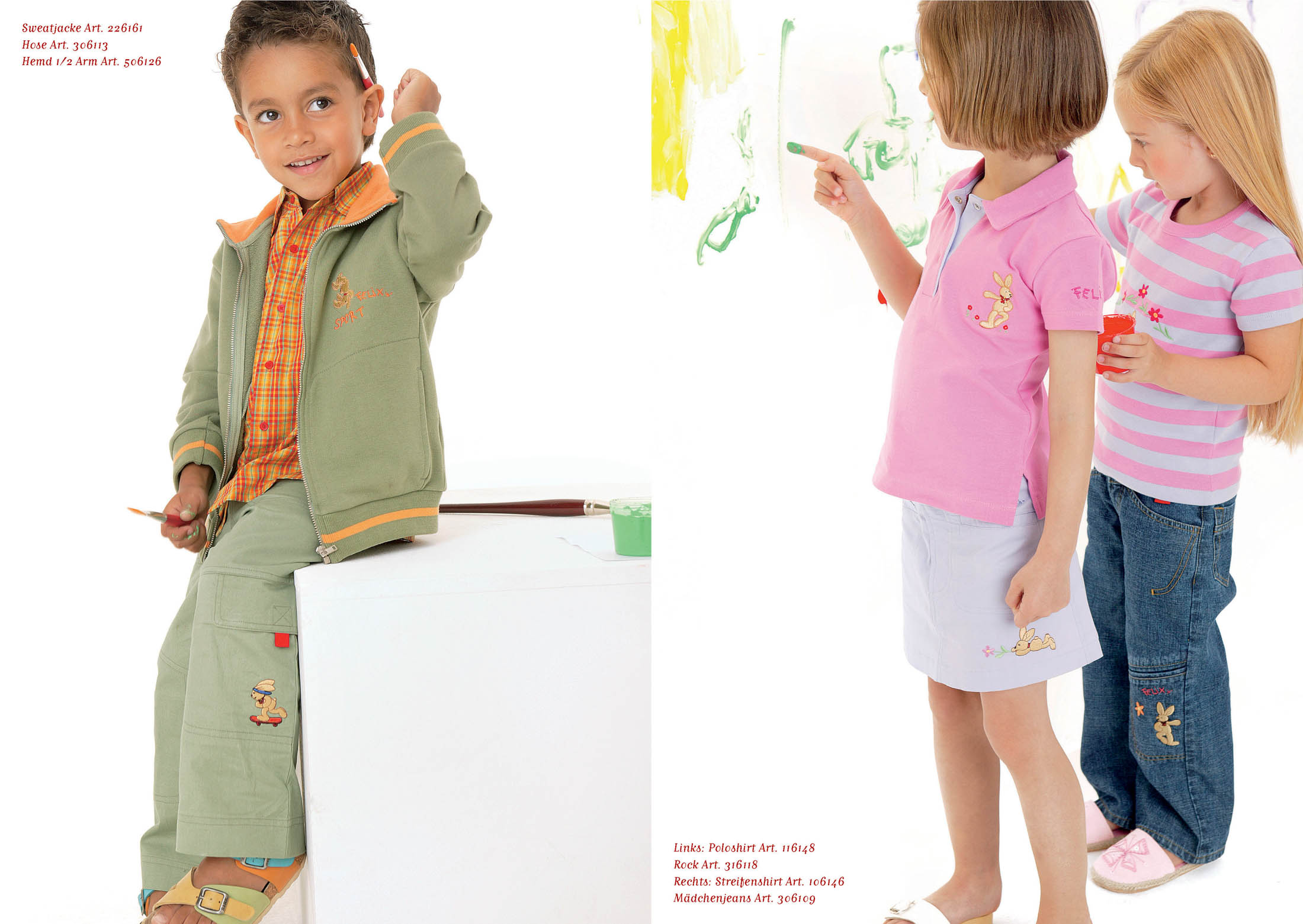 Zwei Bilder: Links posiert ein kleiner Junge in kariertem Hemd und grünen Hosen lächelnd auf einer weißen Schachtel. Rechts betrachten zwei junge Mädchen in rosa Hemden und Jeans ein grünes Gemälde, das sie gemalt haben. © Fotografie Tomas Rodriguez