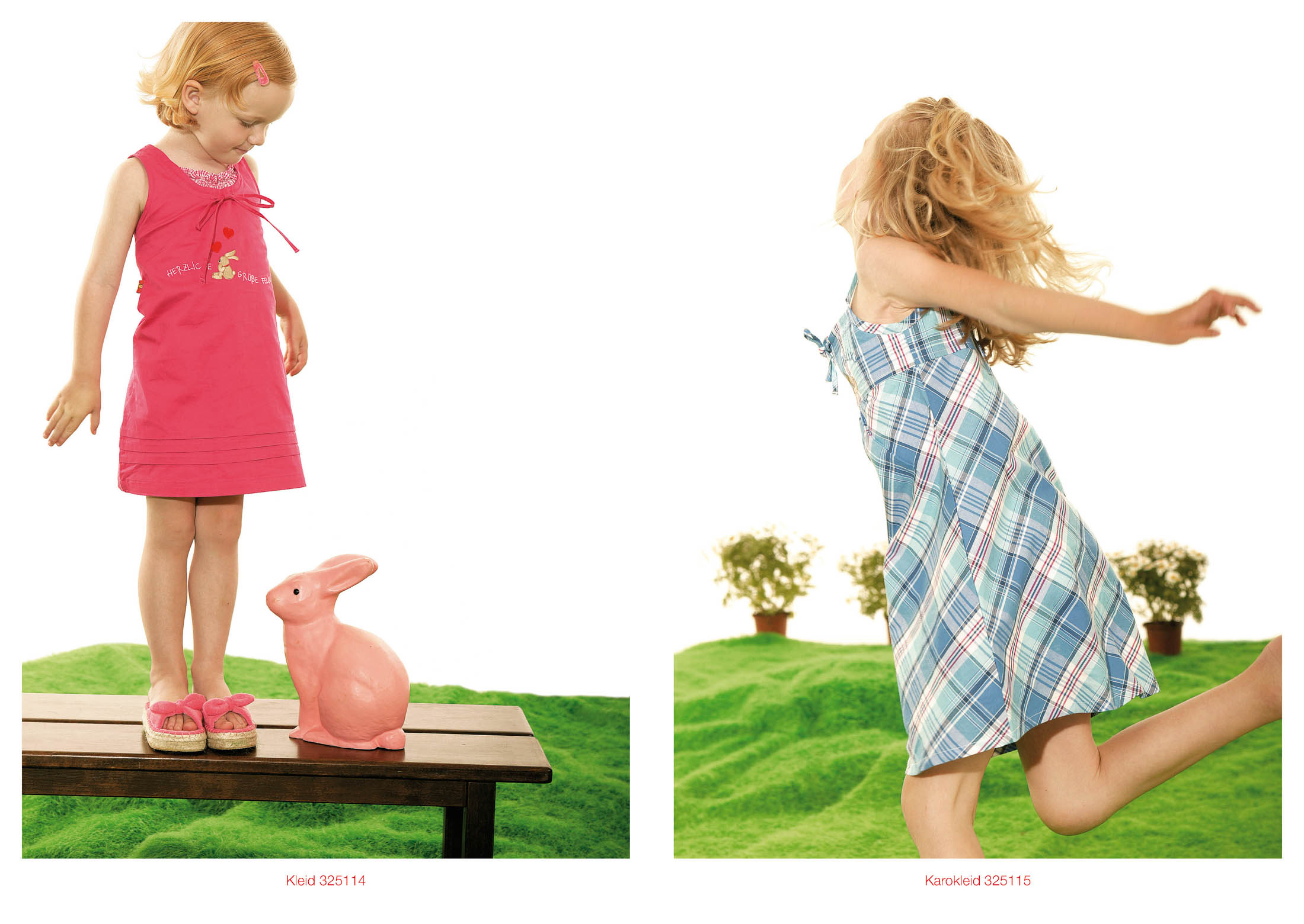 Links: Ein junges Mädchen in einem rosa Kleid steht neben einer rosa Hasenfigur auf einem Holztisch. Rechts: Ein Mädchen in einem karierten Kleid dreht sich fröhlich auf einer Wiese. © Fotografie Tomas Rodriguez