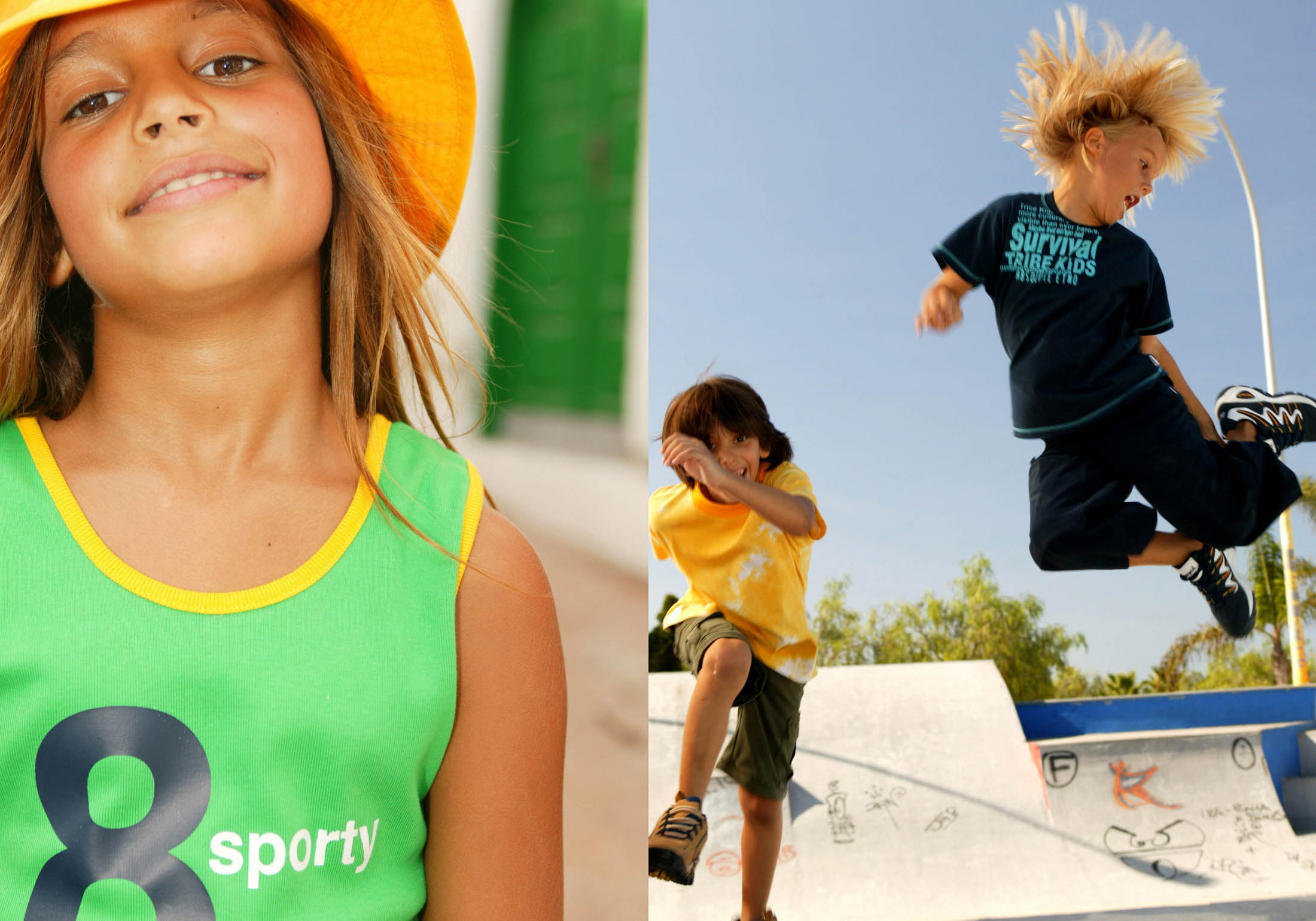 Geteiltes Bild: Auf der linken Seite ist ein Kind in einem grünen Tanktop und einer gelben Mütze zu sehen, das in die Kamera lächelt. Auf der rechten Seite sind zwei Kinder zu sehen, eines springt in der Luft und trägt schwarze Shorts und ein blaues Shirt, das andere trägt ein gelbes Shirt und die Bewegungen sind verschwommen, während sie in einem Skatepark spielen. © Fotografie Tomas Rodriguez