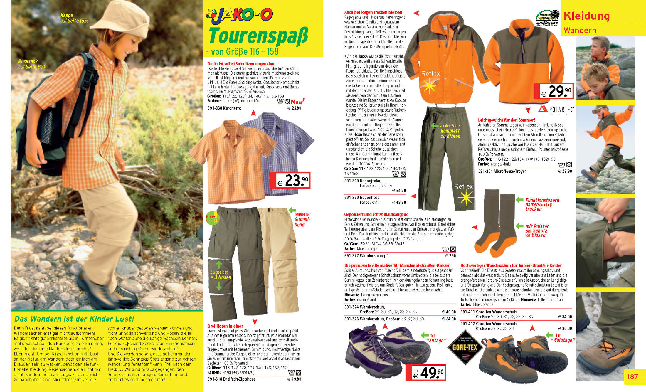 Eine Katalogseite mit einem kleinen Jungen beim Wandern in der Natur und verschiedenen Outdoor-Kleidungsstücken für Kinder mit Beschreibungen und Preisen. Helles, farbenfrohes Layout mit Text und Bildern. © Fotografie Tomas Rodriguez