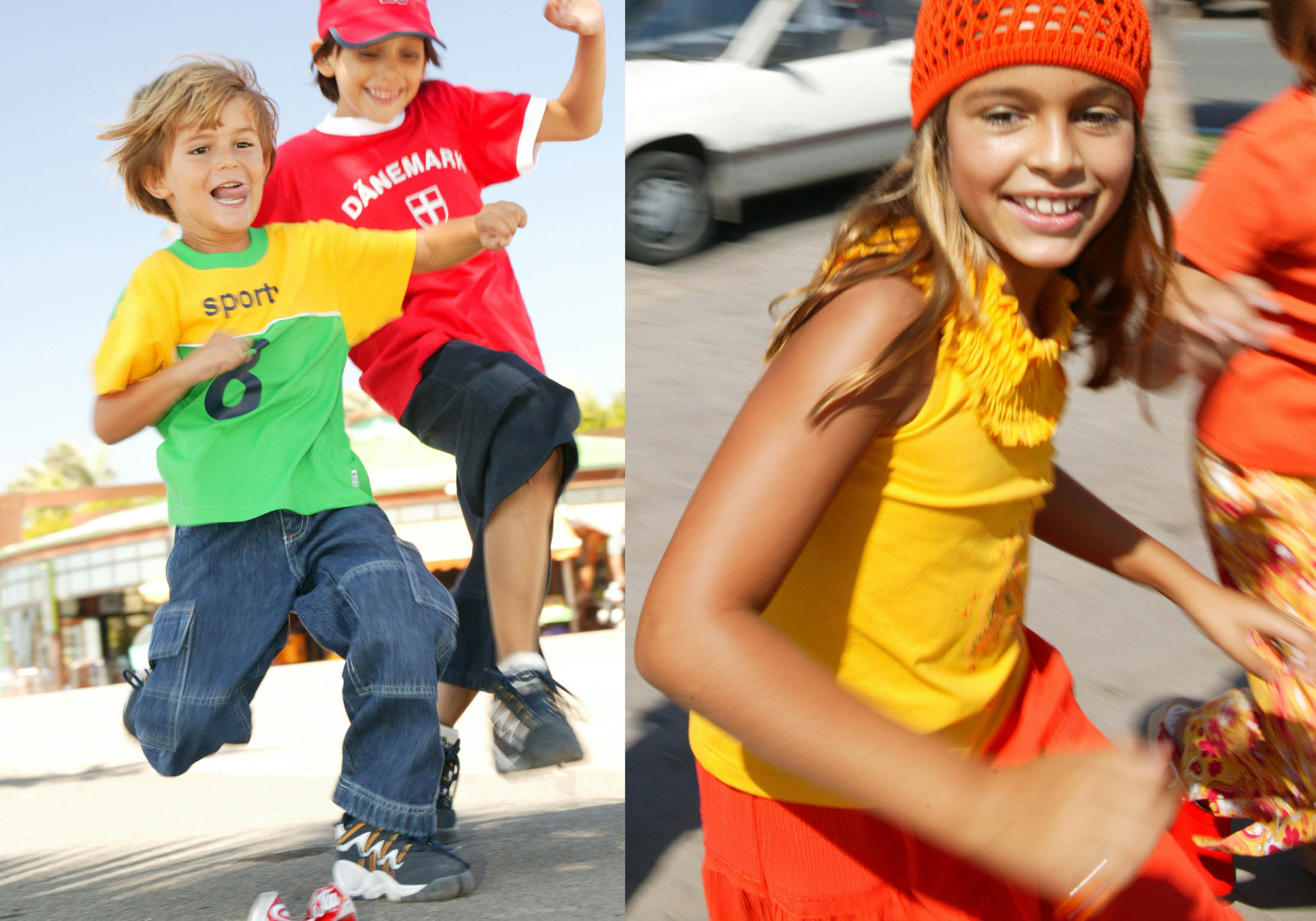 Zwei Bilder von fröhlichen Kindern, die draußen spielen. Das linke zeigt einen Jungen und ein Mädchen, die lächelnd mitten im Lauf sind. Das rechte zeigt ein Mädchen in orangefarbener Kleidung, das strahlend lächelt, während es sich schnell bewegt. © Fotografie Tomas Rodriguez