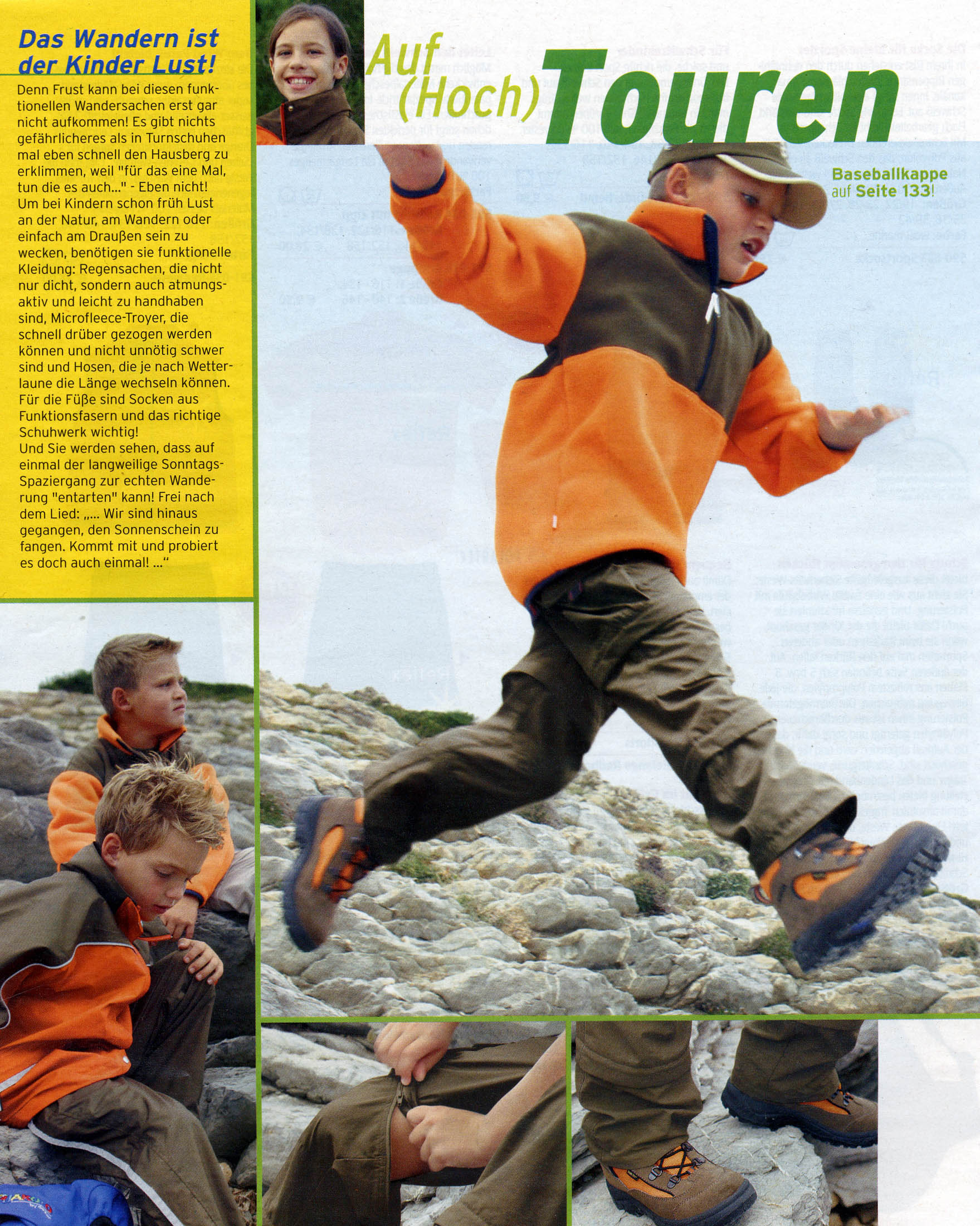 Ein kleiner Junge mit Baseballkappe und orangefarbener Kleidung klettert vorsichtig über schroffe Felsen, während zwei andere Jungen ebenfalls durch das felsige Gelände klettern. Sie wirken bei ihrem Outdoor-Abenteuer engagiert und aktiv. © Fotografie Tomas Rodriguez