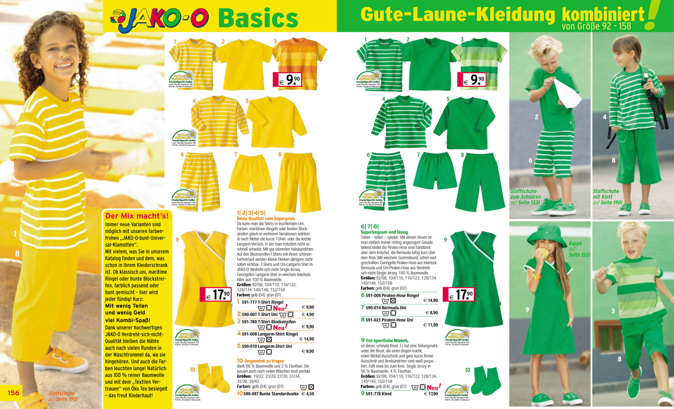 Katalogseite von Jako-O mit Kindern, die verschiedene Outfits in Gelb und Grün vorführen, sowie Bildern der Kleidungsstücke mit Preisen und Beschreibungen auf Deutsch. © Fotografie Tomas Rodriguez