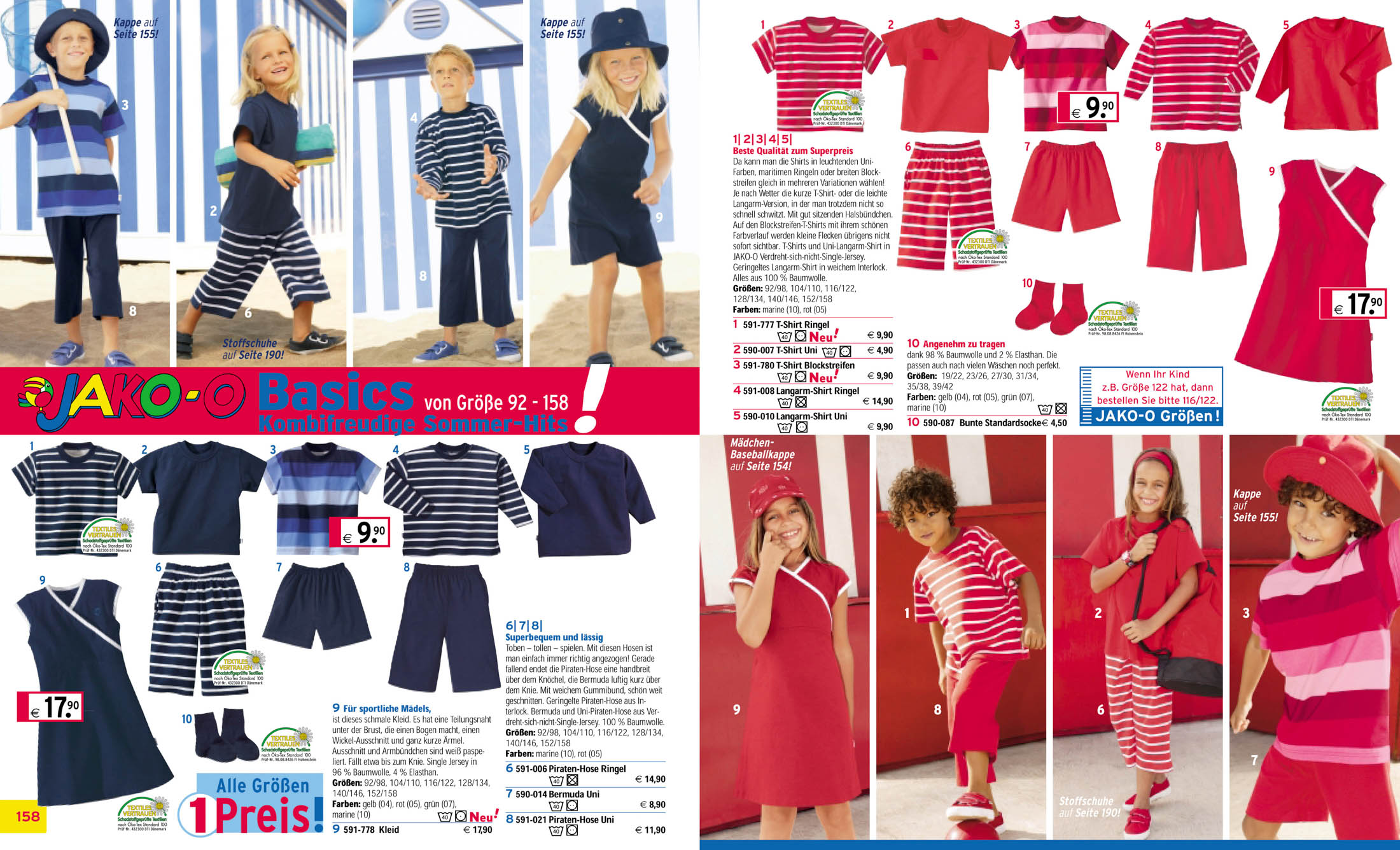 Seiten aus einem Jako-o-Bekleidungskatalog, auf denen Kinder verschiedene Outfits vorführen. In den Abschnitten werden unterschiedliche Stile und Farben der Kinderbekleidung hervorgehoben und Preise und Größen aufgeführt. © Fotografie Tomas Rodriguez