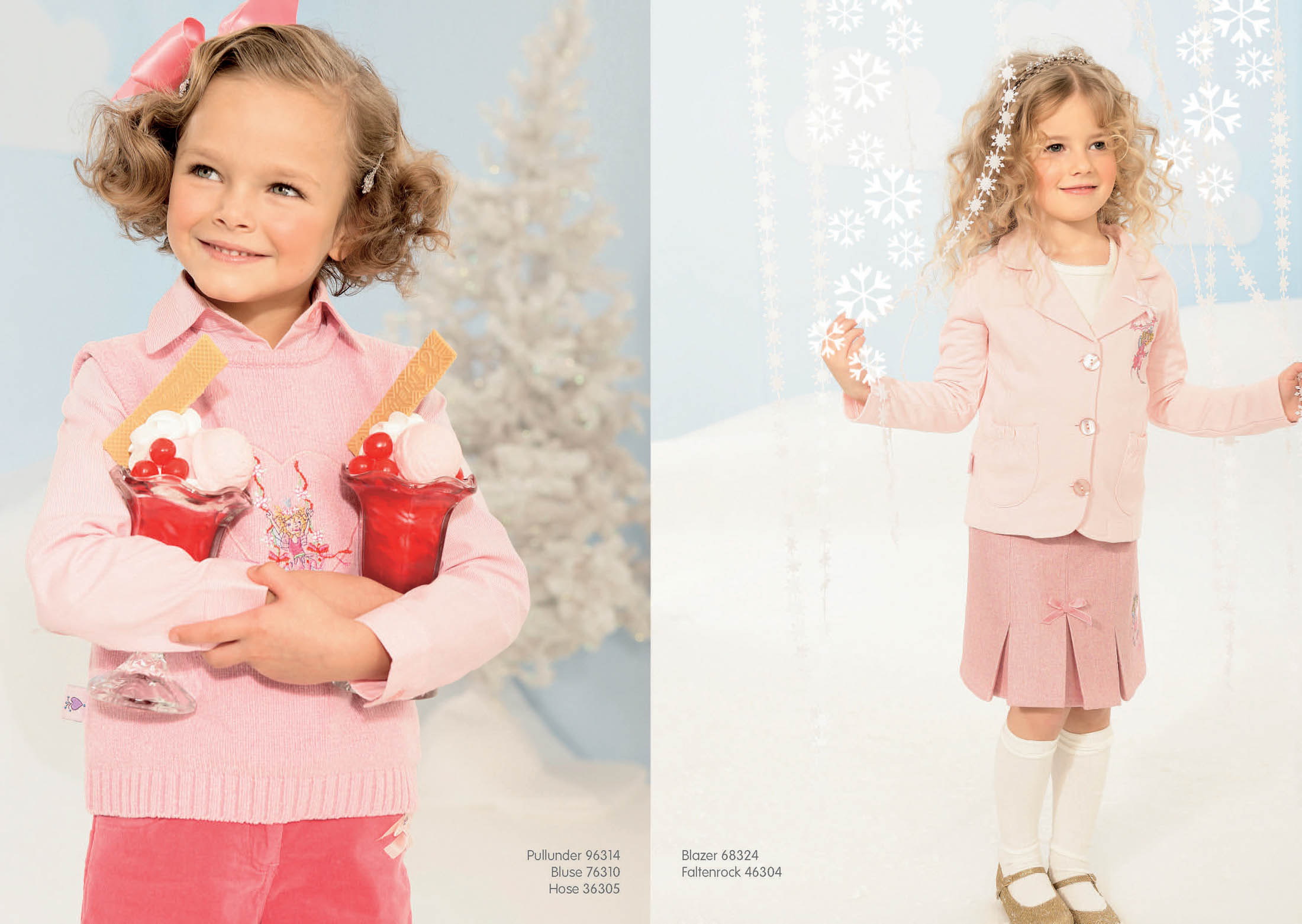 Ein junges Mädchen in einem rosa Outfit lächelt und hält Eisbecher vor dem Hintergrund einer Schneeflocke in einem Modekatalog. © Fotografie Tomas Rodriguez