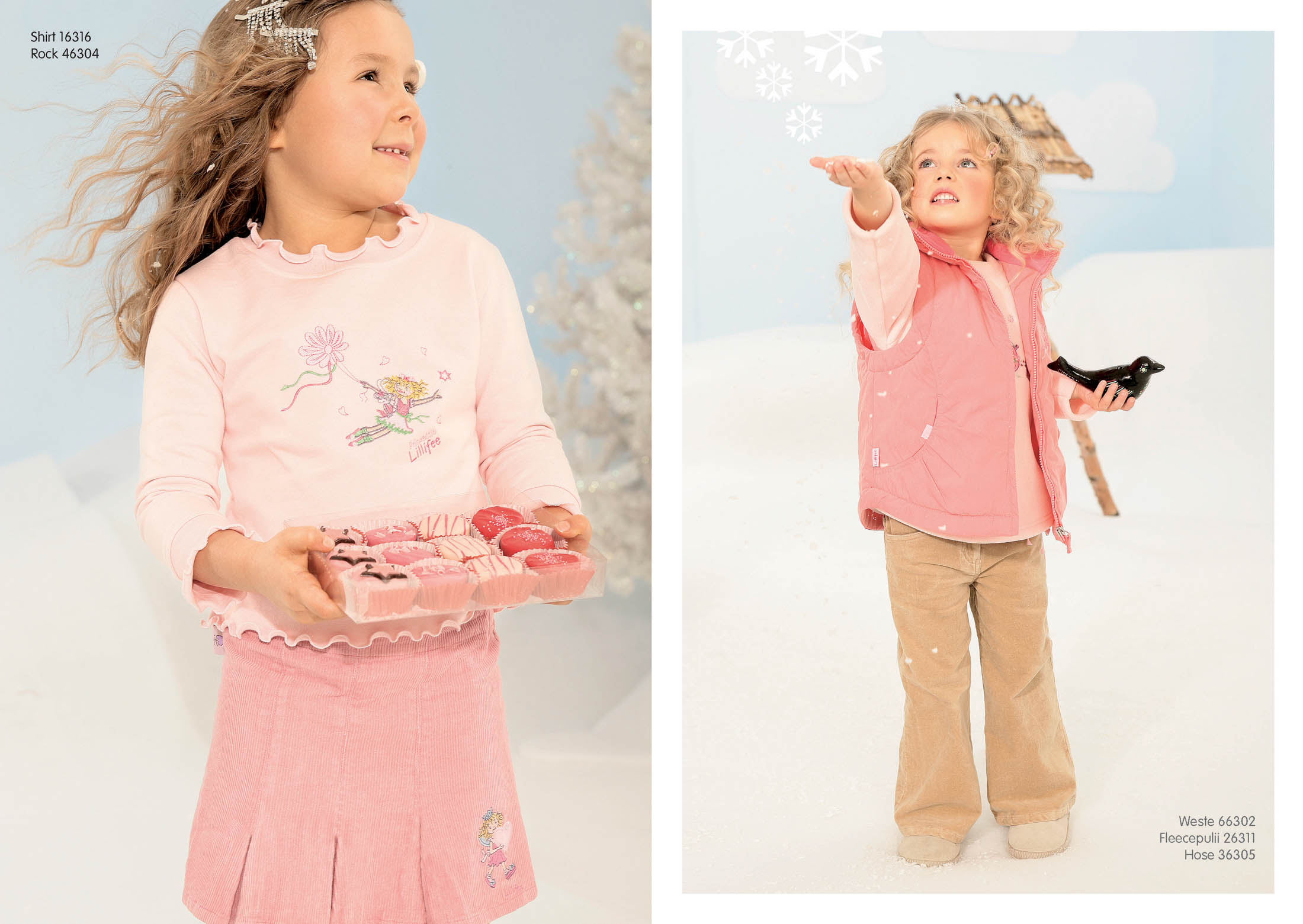 Zwei Bilder eines jungen Mädchens vor winterlicher Kulisse. Links: Mädchen im rosa Outfit hält Macarons. Rechts: Mädchen in beigem und rosa Outfit greift nach einer Schneeflocke, in der Nähe steht ein Spielzeugpferd. © Fotografie Tomas Rodriguez