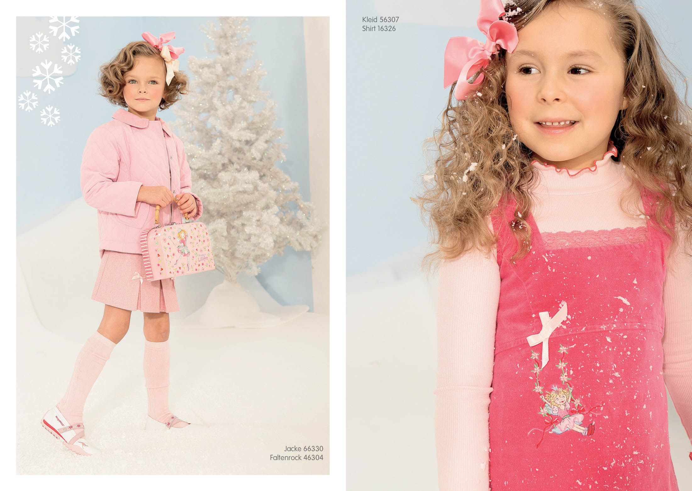 Zwei Bilder eines jungen Mädchens, das Kindermode vorführt. Links trägt sie ein rosa Kleid mit passendem Mantel und Handtasche und steht neben einem weißen Baum. Rechts trägt sie einen rosa Jeans-Latzkleid mit Blumenmuster. © Fotografie Tomas Rodriguez