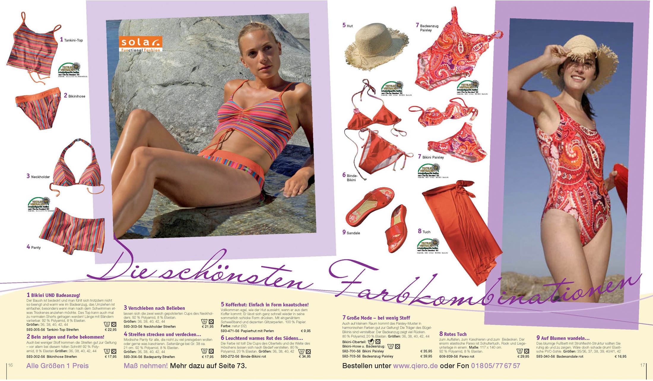 Eine zweiseitige Farbanzeige, die verschiedene Bademoden und Strandaccessoires vorstellt. Sie zeigt Models in verschiedenen Bikinis und Posen, mit Beschreibungen, Preisen und Bestellinformationen. © Fotografie Tomas Rodriguez