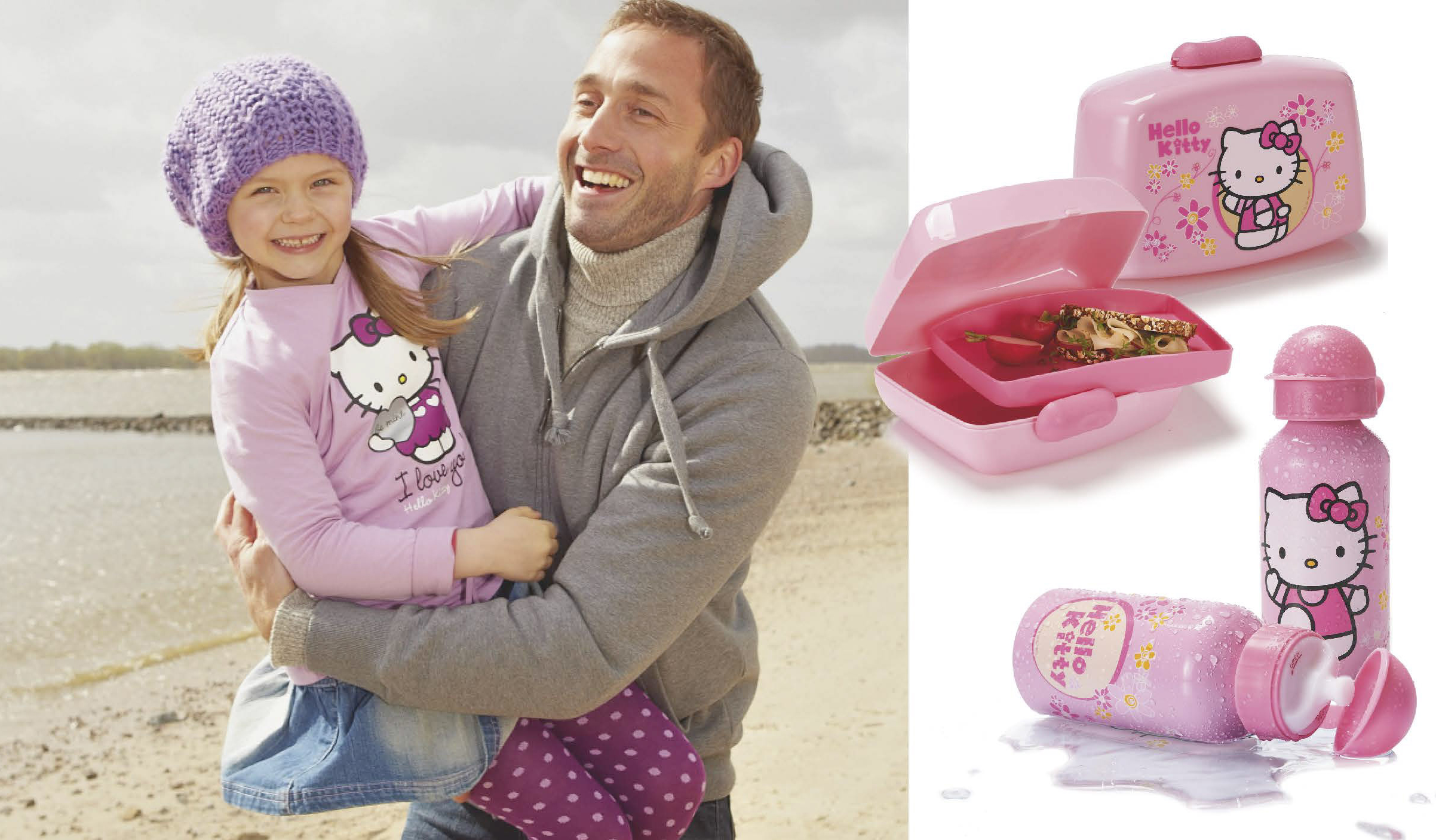 Ein fröhlicher Vater hält seine kleine Tochter an einem sonnigen Strand, beide lächeln. Rechts: Produkte mit Hello-Kitty-Motiv, darunter eine Lunchbox, eine Wasserflasche und ein offener Snackbehälter. © Fotografie Tomas Rodriguez