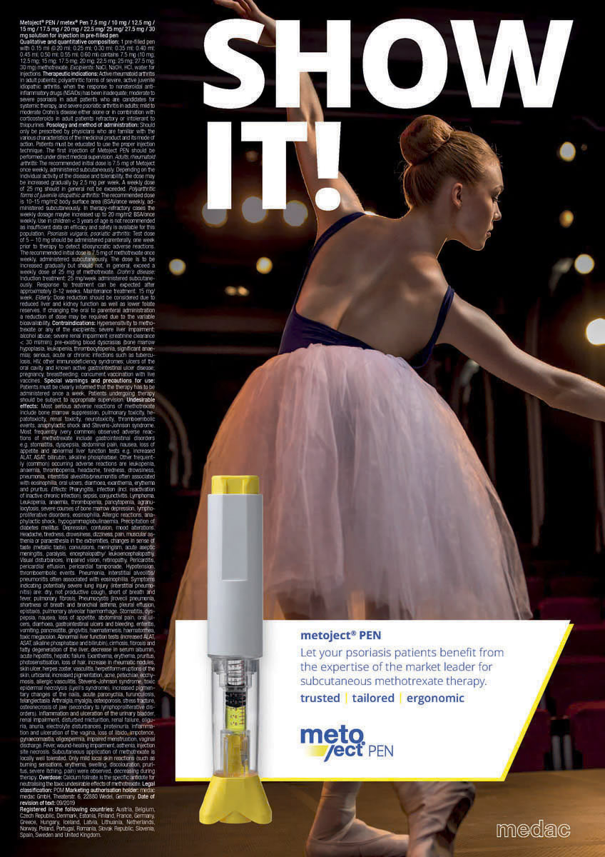 Eine Ballerina in einem weißen Tutu posiert auf der Bühne. Die obere Hälfte des Bildes enthält den Text „ZEIG ES!“. Die untere Hälfte zeigt ein Bild des Metoject PEN und einen Informationstext, der dessen Vorteile für Psoriasis-Patienten bewirbt. © Fotografie Tomas Rodriguez