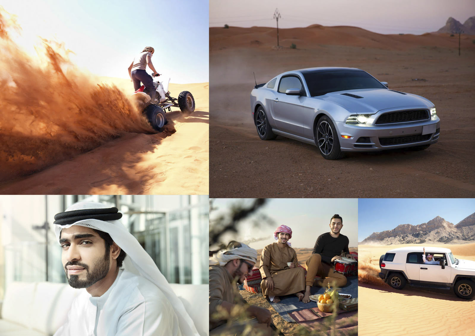 Eine Collage aus Bildern mit Wüstenabenteuern: eine Person, die auf einem Quad durch den Sand fährt, ein silberner Sportwagen in der Wüste, ein lächelnder Mann in traditioneller Kleidung, eine Gruppe, die auf einer Decke ein Picknick macht und ein weißer SUV, der durch den Sand fährt. © Fotografie Tomas Rodriguez