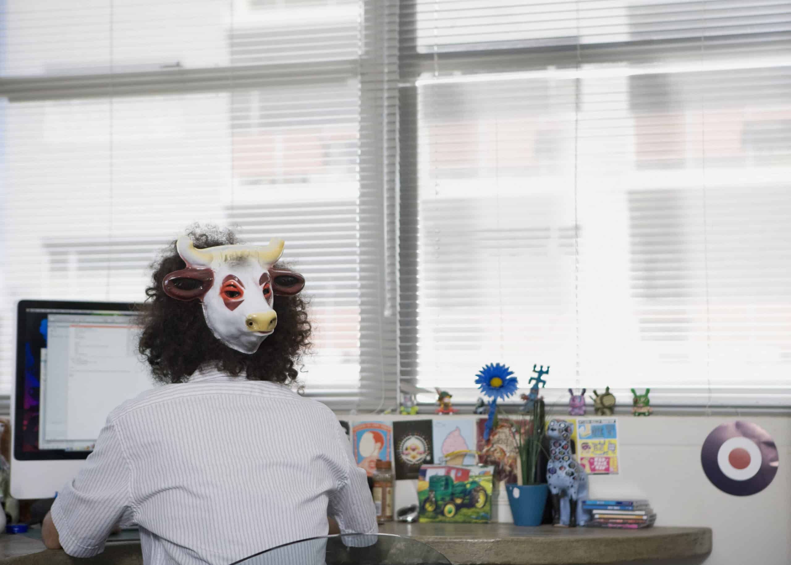 Eine Person mit lockigem Haar und einer Kuhmaske sitzt an einem Schreibtisch mit einem Computer. Der Schreibtisch ist mit verschiedenen kleinen Gegenständen, Spielzeugen und Dekorationen übersät. Im Hintergrund sind große Fenster mit weißen Jalousien zu sehen, die teilweise die Gebäude draußen freigeben. © Fotografie Tomas Rodriguez