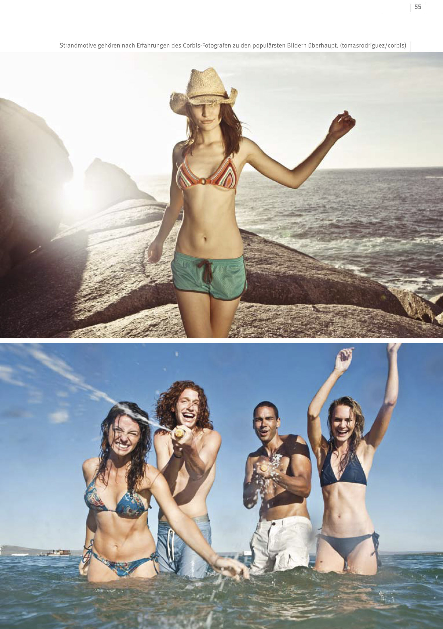 Das obere Bild zeigt eine lächelnde Frau mit Hut und Bikini, die auf Felsen am Strand steht. Das untere Bild zeigt fünf Freundinnen in Badebekleidung, die lachen und in einer sonnigen Strandkulisse im Wasser planschen. © Fotografie Tomas Rodriguez