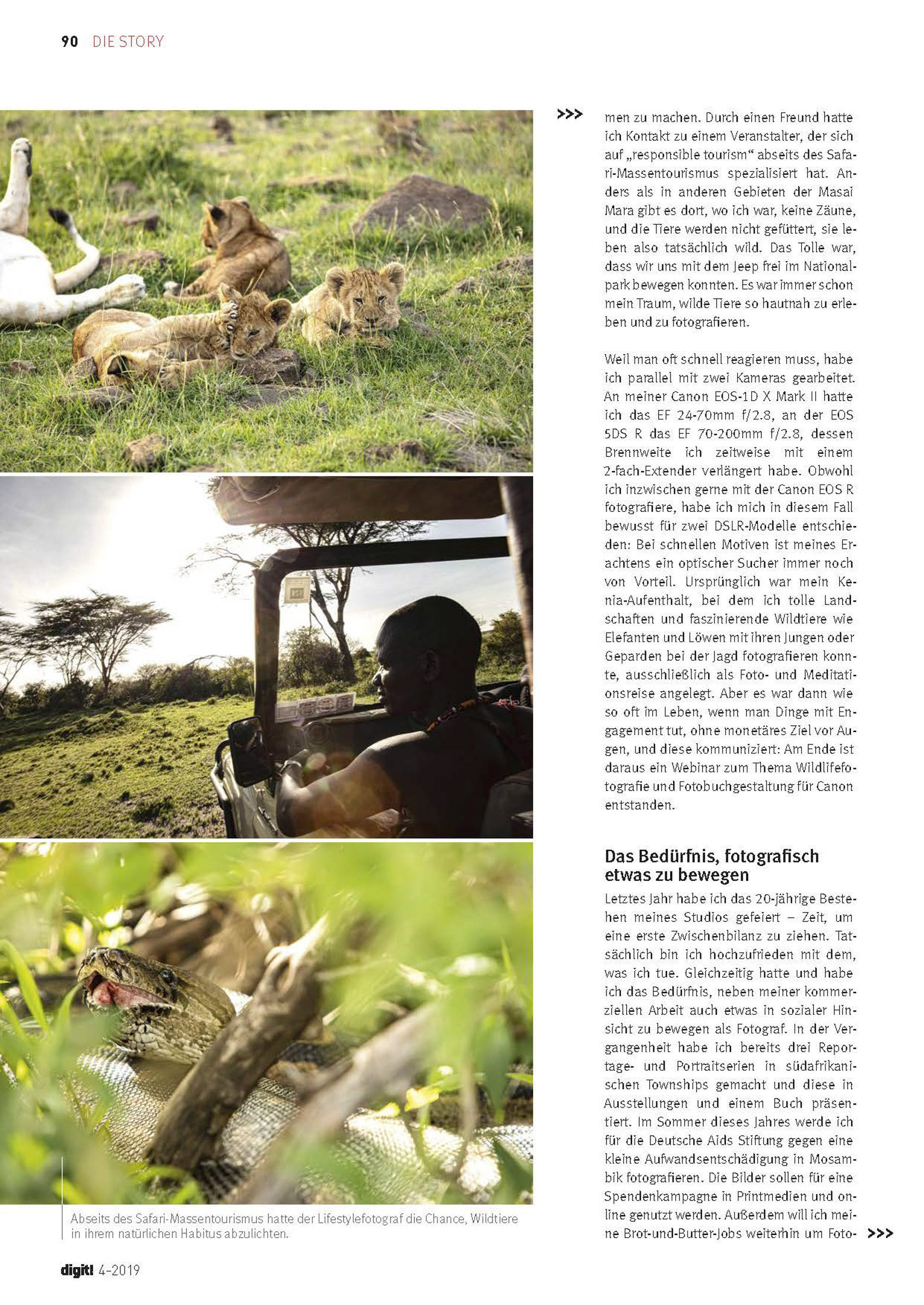 Ein Mann mit Tarnhut macht mit einer professionellen Kamera ein Foto und fokussiert nach links. Er befindet sich in einer Savannenlandschaft mit Akazienbäumen unter einem klaren Himmel. © Fotografie Tomas Rodriguez