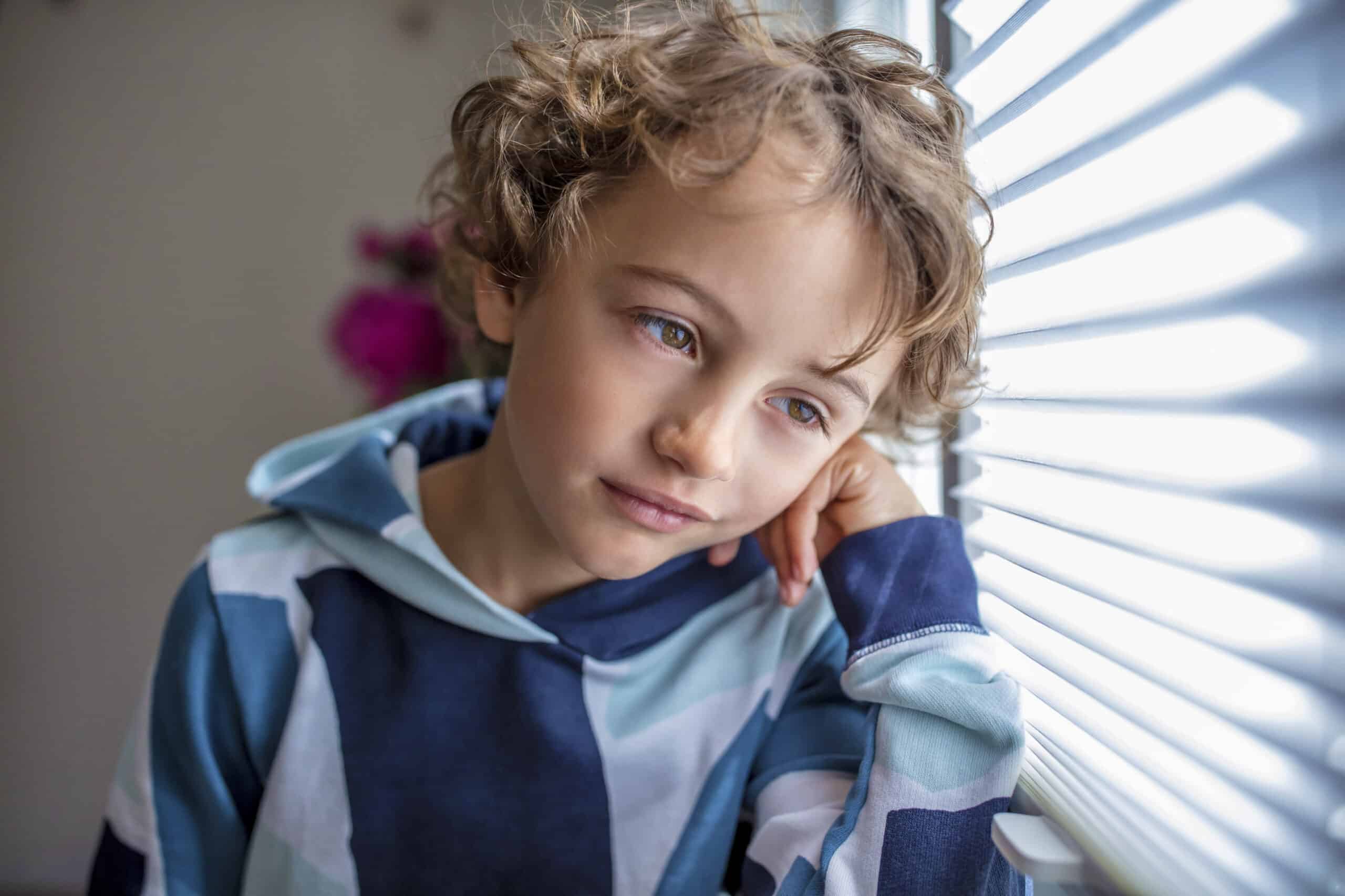 Ein kleines Kind mit lockigem Haar lehnt an einem Fenster und schaut durch halb geöffnete Jalousien nach draußen. Es trägt einen blau-weißen Kapuzenpullover und hat einen nachdenklichen Gesichtsausdruck. Im Hintergrund sind einige rosa Blumen unscharf zu sehen. © Fotografie Tomas Rodriguez