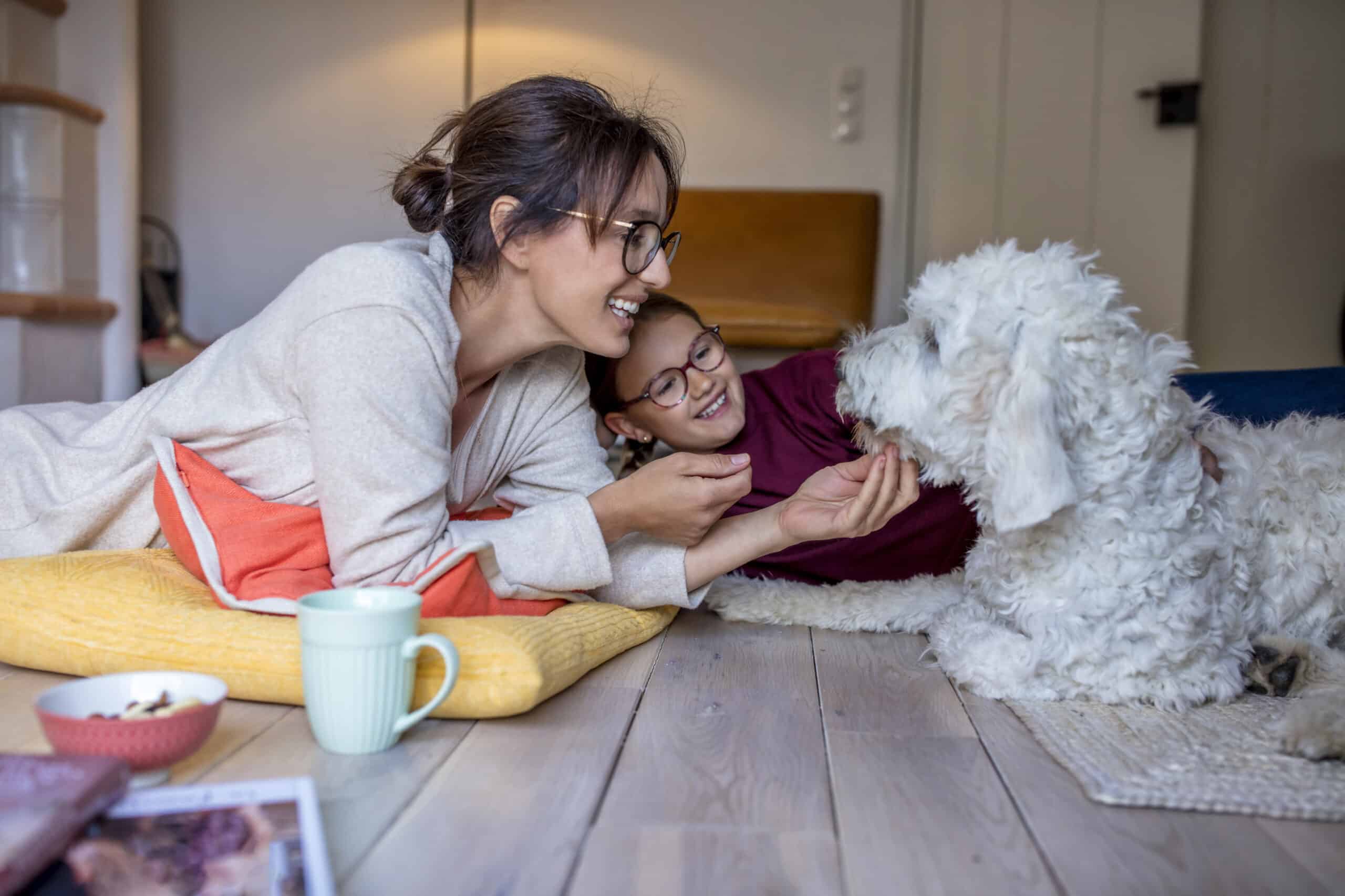 Eine Frau und ein Kind, beide mit Brille, liegen auf einem Holzboden, lächeln und interagieren mit einem flauschigen weißen Hund. Die Frau hält ein Leckerli für den Hund. Im Vordergrund sind ein Becher, eine Schüssel und eine Zeitschrift zu sehen. © Fotografie Tomas Rodriguez