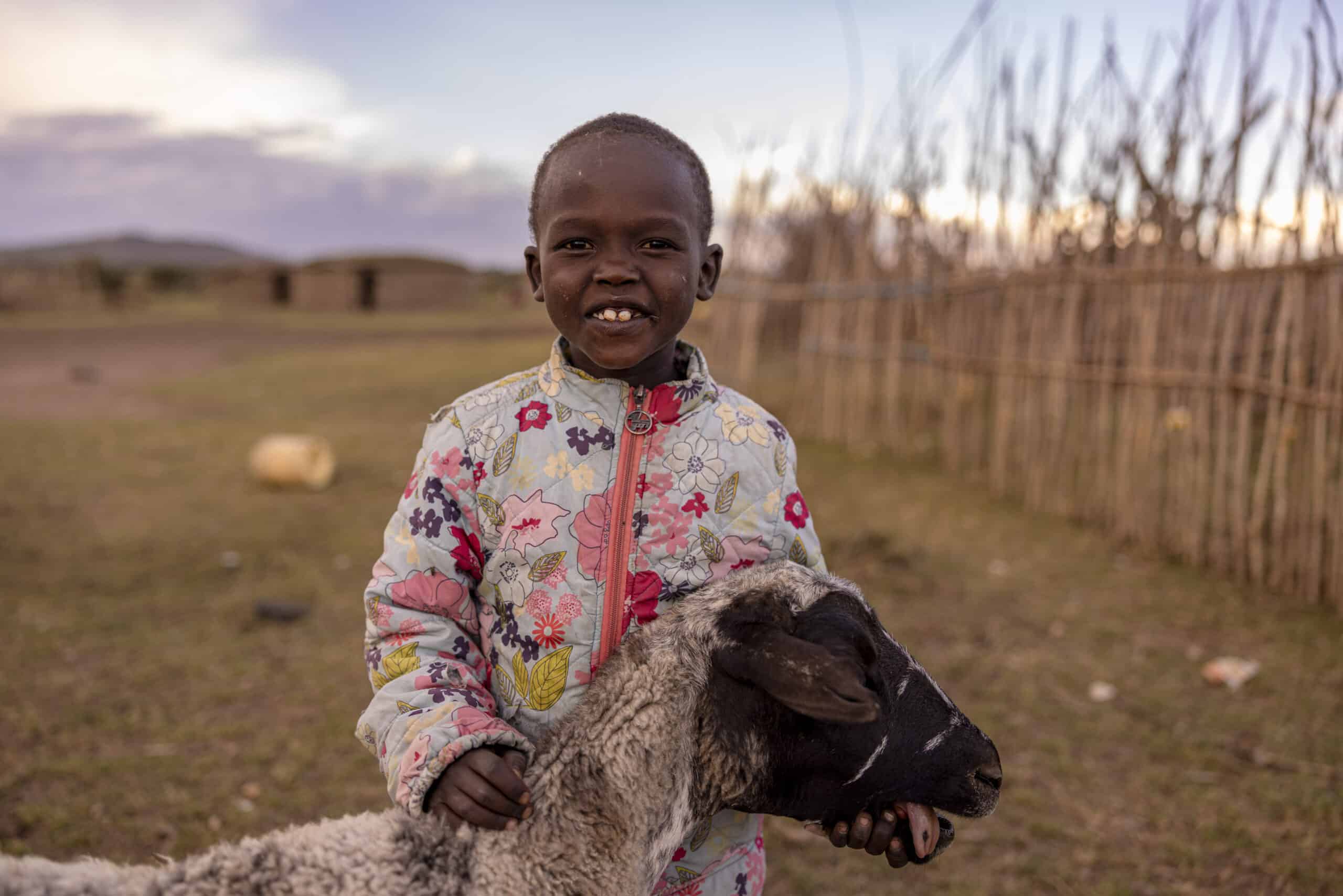 Ein fröhliches kleines Kind in einer geblümten Jacke lächelt breit und hält in der Dämmerung ein Schaf auf einer Wiese in der Nähe eines Holzzauns. © Fotografie Tomas Rodriguez