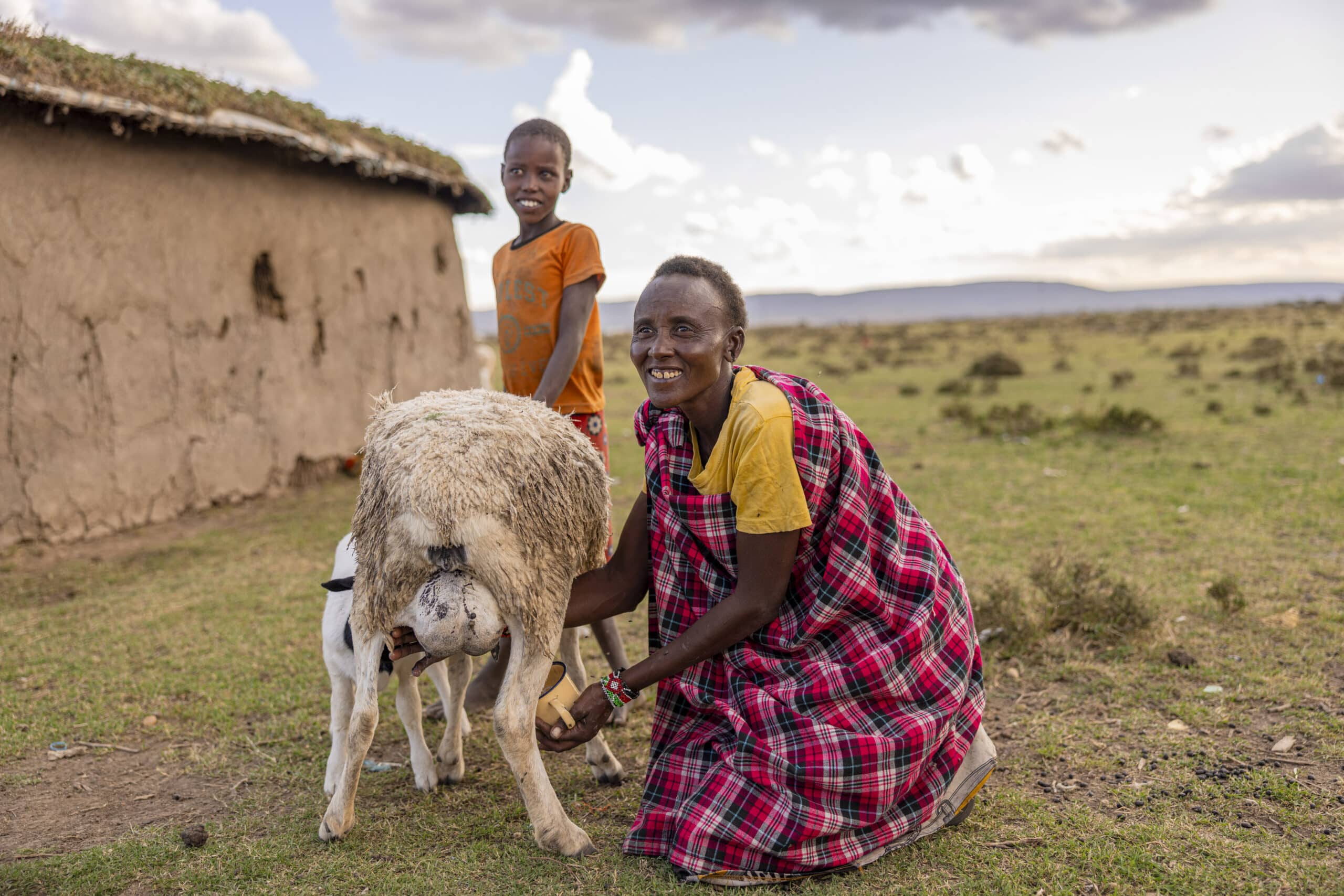 Eine Frau in traditioneller Kleidung und ein kleiner Junge lächeln neben einem Schaf vor einer Hütte unter einem weiten Himmel. Die Frau melkt die Schafe. Sie stehen auf einer Wiese. © Fotografie Tomas Rodriguez