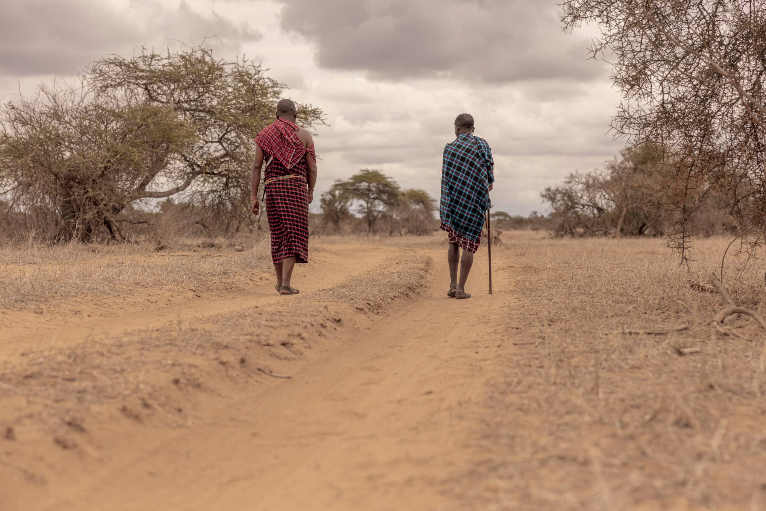 Zwei Massai gehen in traditioneller Kleidung auf einem staubigen Pfad durch eine Savannenlandschaft. Einer trägt einen Spazierstock und der andere blickt abgewandt. © Fotografie Tomas Rodriguez