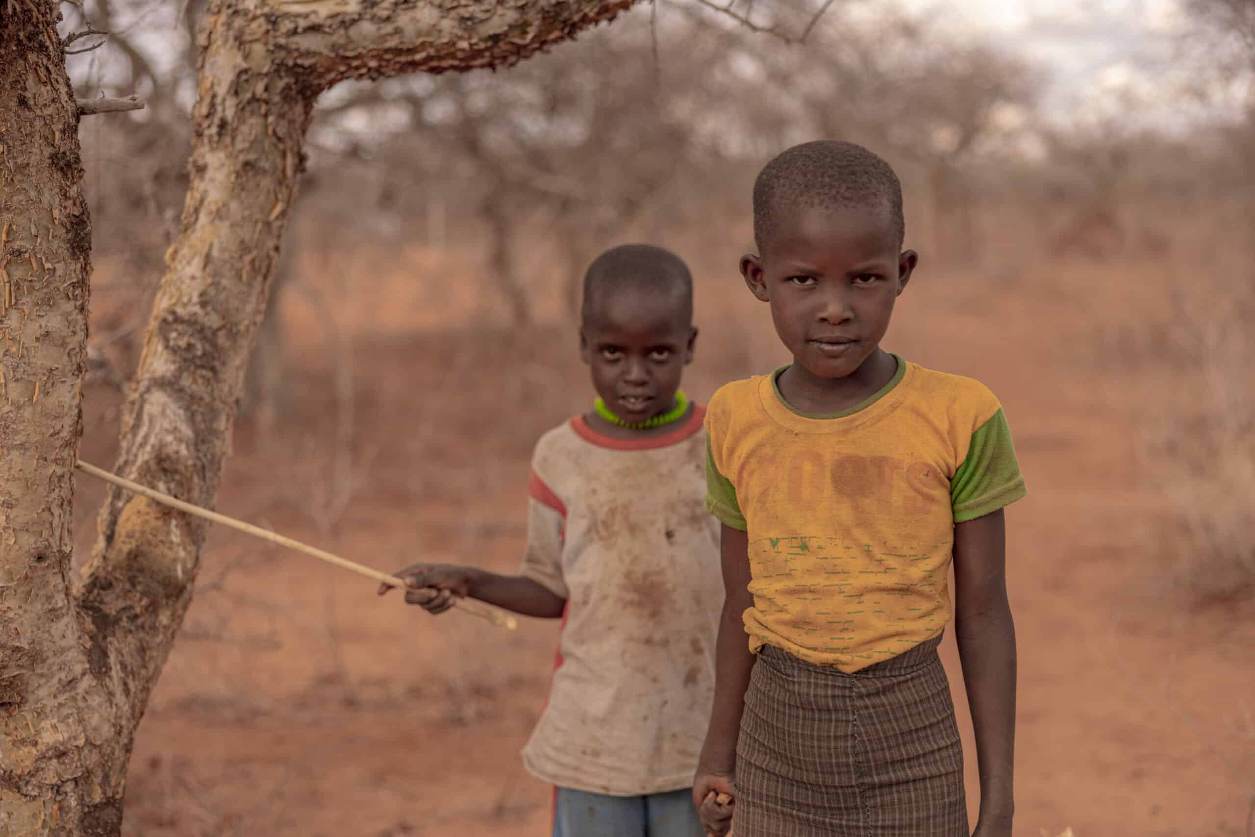 Zwei Kinder stehen in einem trockenen Waldstück. Das Kind im Vordergrund blickt direkt in die Kamera und trägt ein gelbes Hemd. Das Kind im Hintergrund, das ein rotes Hemd trägt, hält einen Stock, der teilweise von einem Baum verdeckt wird. © Fotografie Tomas Rodriguez