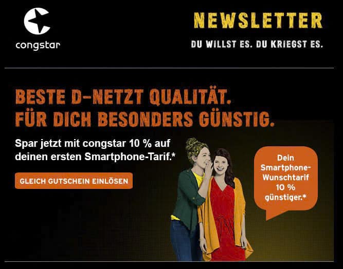 Anzeige mit einer Congstar-Werbung. Zwei Menschen lächeln neben einer Smartphone-Grafik. Text hebt 10 % Rabatt auf Smartphone-Tarife mit Phrasen wie „Beste D-Netz-Qualität“ und „Besonders günstig“ hervor. Enthält oben „Newsletter“. © Fotografie Tomas Rodriguez