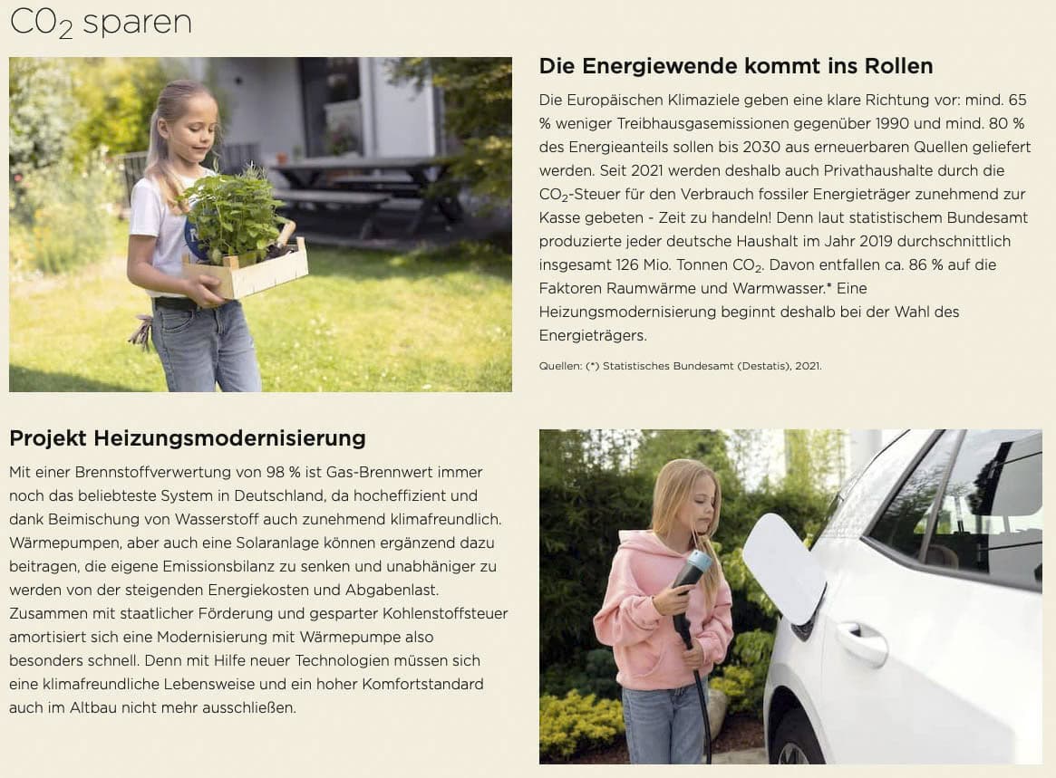 Eine Person trägt Topfpflanzen neben einem Auto. Das Bild enthält einen deutschen Text über Energieeinsparungen, Klimapolitik und die Modernisierung von Heizungssystemen. Er hebt die Reduzierung des CO2-Ausstoßes und die Nutzung erneuerbarer Energiequellen hervor. © Fotografie Tomas Rodriguez