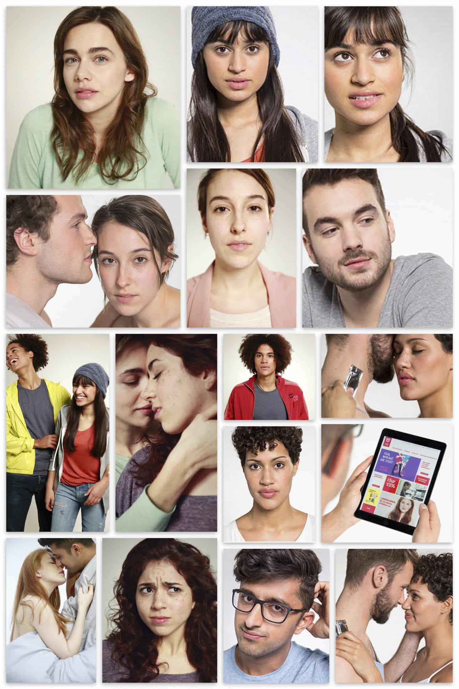 Eine Collage unterschiedlicher Menschen in verschiedenen Situationen. Enthält Nahaufnahmen und Paare mit unterschiedlichen Ausdrücken. Es werden Aktivitäten wie Flüstern, die Verwendung eines Tablets und Körperpflege gezeigt. Die Personen sind unterschiedlichen Geschlechts und unterschiedlicher Ethnie. © Fotografie Tomas Rodriguez