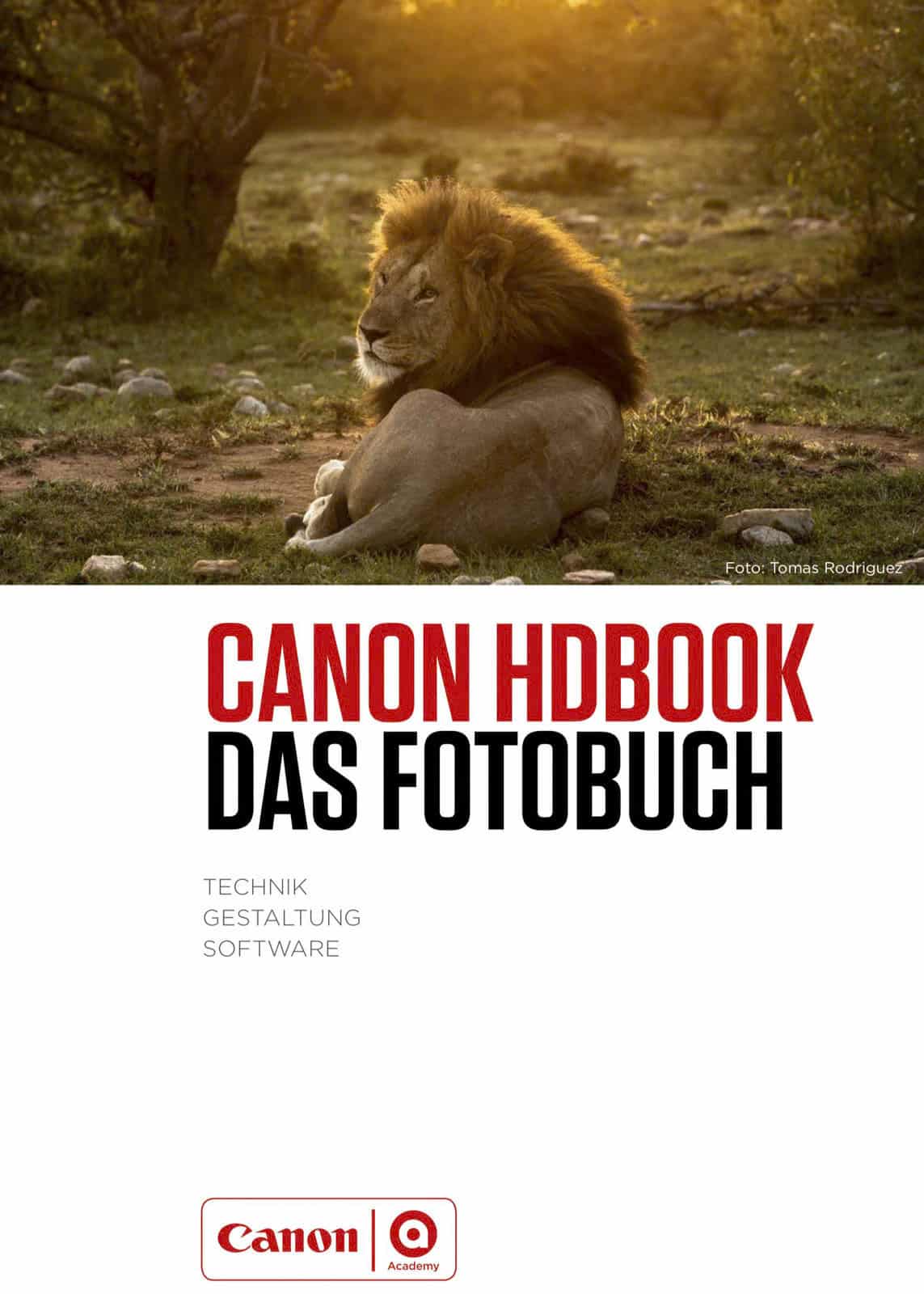Ein majestätischer Löwe ruht im Gras unter einem Baum in einer Savanne. Darunter befindet sich ein Cover für „Canon HDbook Das Fotobuch“ mit dem Text „Technik, Gestaltung, Software“ und dem Logo der Canon Academy am unteren Rand. © Fotografie Tomas Rodriguez