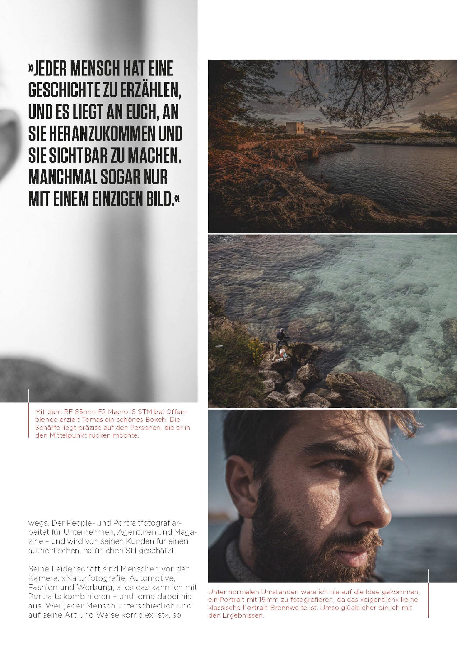 Eine Collage mit einem Zitat, einer ruhigen Küstenszene und einer Nahaufnahme des Gesichts eines Mannes mit Bart. Der Text beschreibt die fotografische Arbeit des Mannes und seine Leidenschaft, Menschen und Natur authentisch einzufangen. © Fotografie Tomas Rodriguez