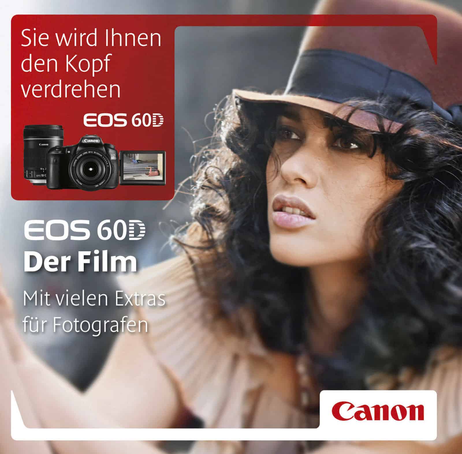 Eine Frau mit Hut und Schal blickt nachdenklich. In einem Einschub mit deutschem Werbetext für einen Film für Fotografen ist eine Canon EOS 60D-Kamera zu sehen. Unten rechts ist das Canon-Logo zu sehen. © Fotografie Tomas Rodriguez